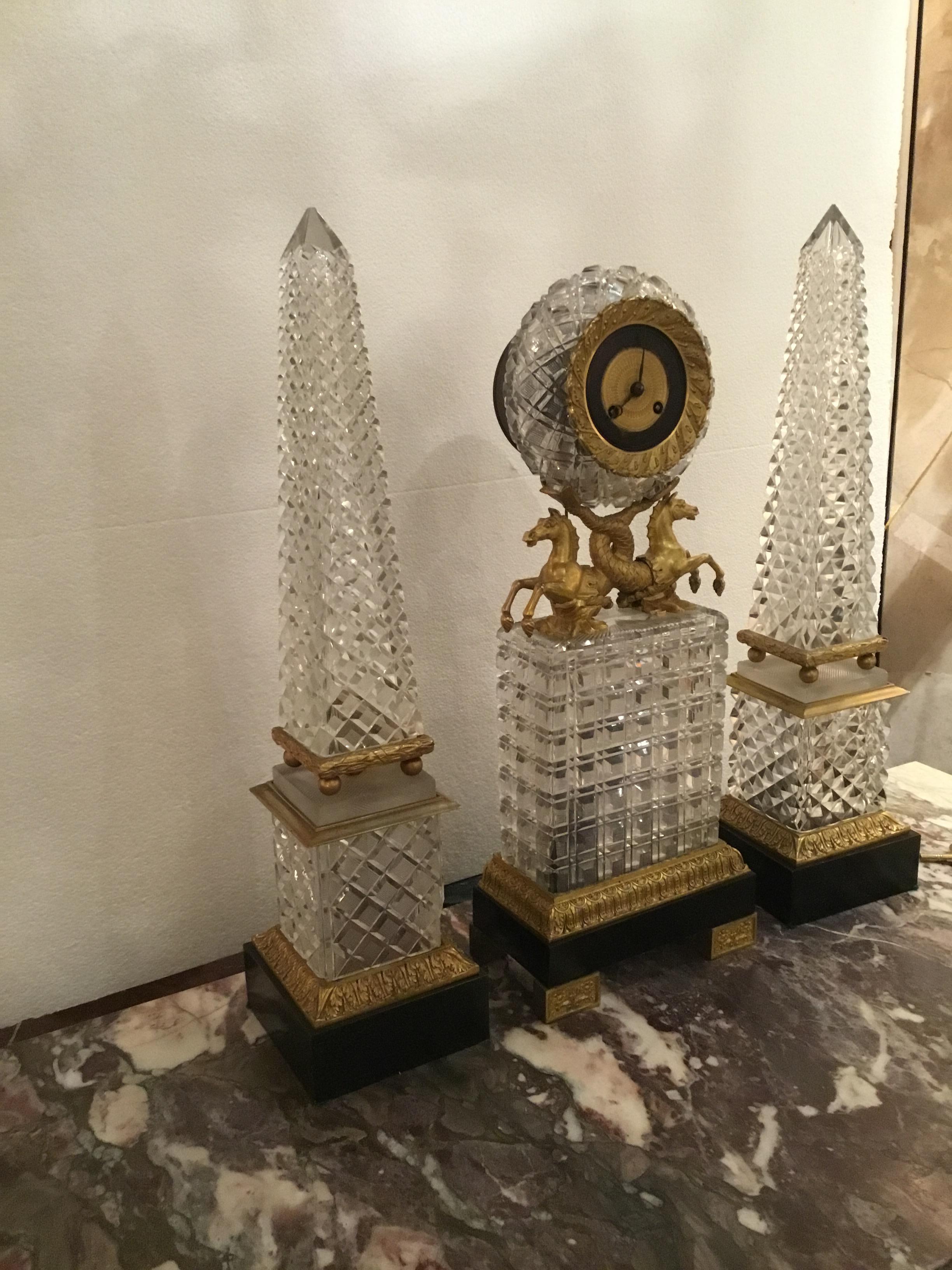 Three-Piece Crystal and Bronze Dore Clock with Sea Horses and Obelisks For Sale 3