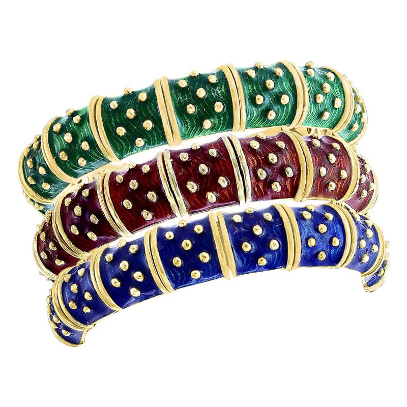 Bracelet jonc / manchette trois pièces en or 18 carats, émail rouge, vert et bleu 286 gm, Hidalgo en vente