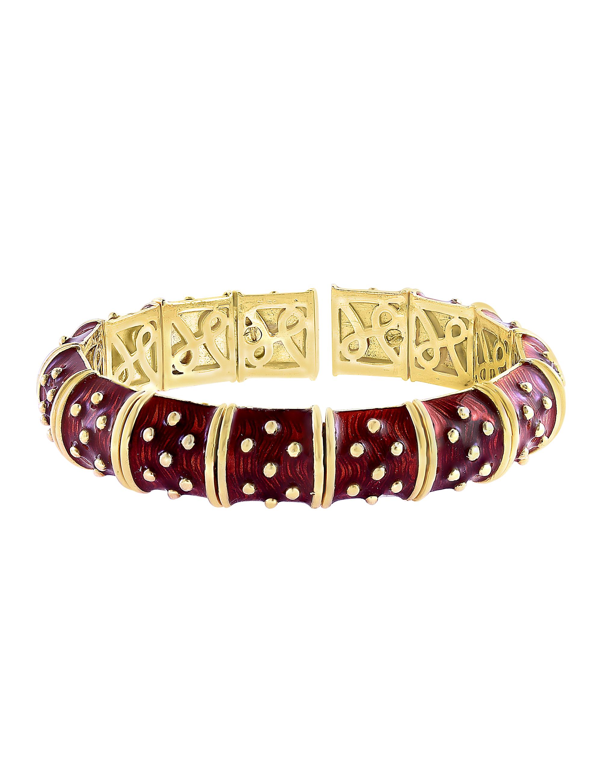 Bracelet jonc / manchette trois pièces en or 18 carats, émail rouge, vert et bleu 286 gm, Hidalgo en vente 7