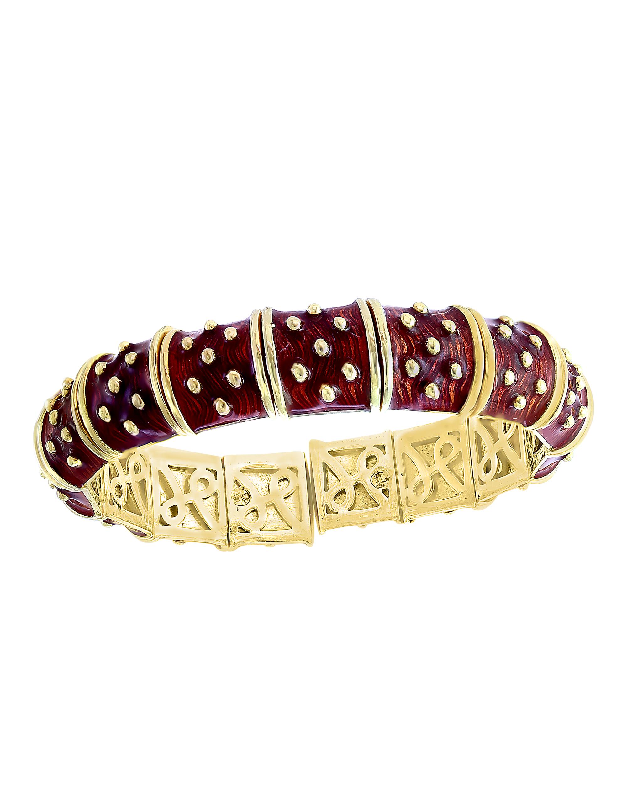 Bracelet jonc / manchette trois pièces en or 18 carats, émail rouge, vert et bleu 286 gm, Hidalgo en vente 5