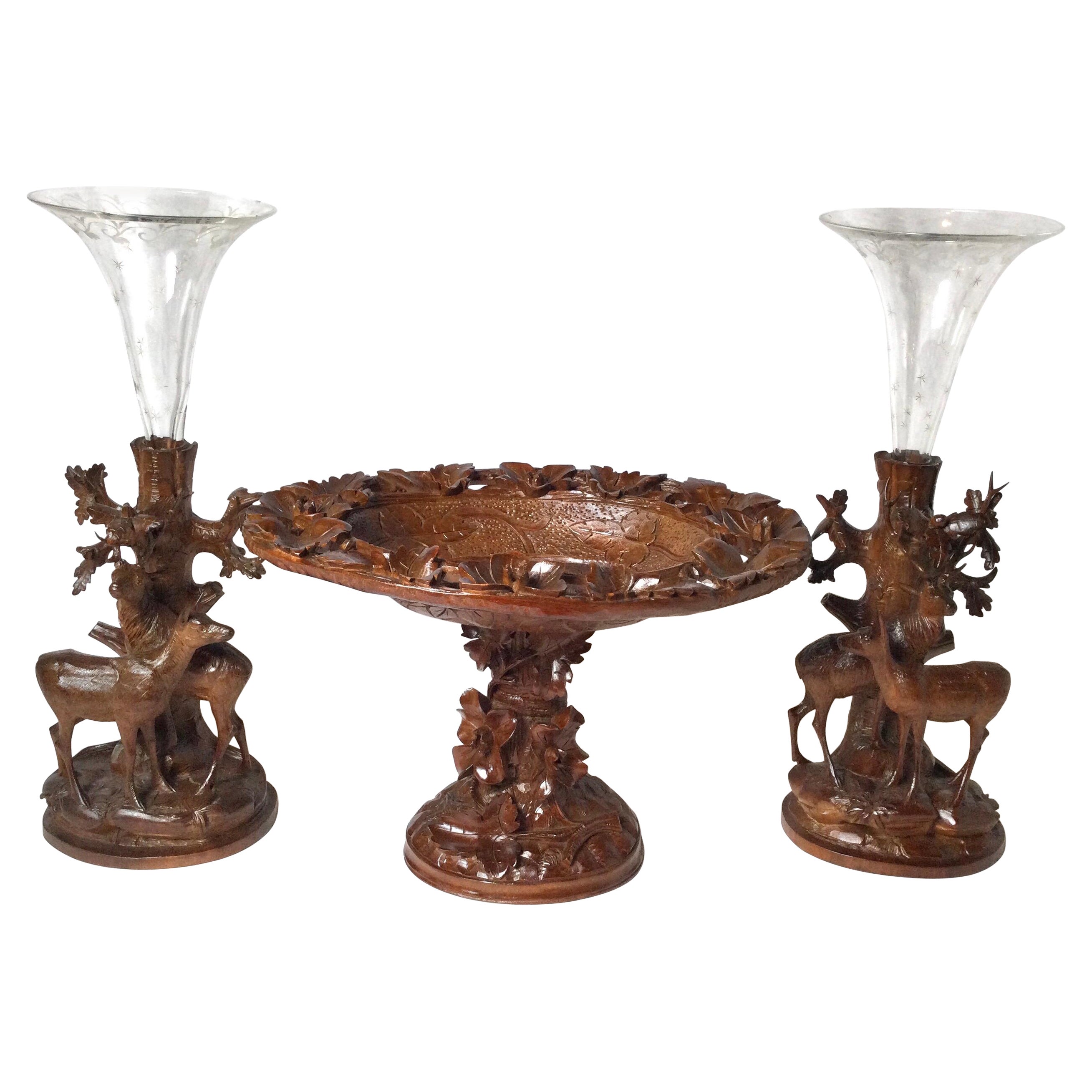 Three Piece Black Forrest Center Bowl with Garniture Trumpet Vases