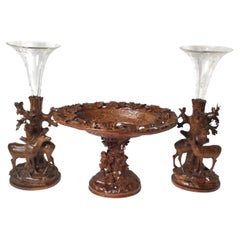 Three Piece Black Forrest Center Bowl with Garniture Trumpet Vases