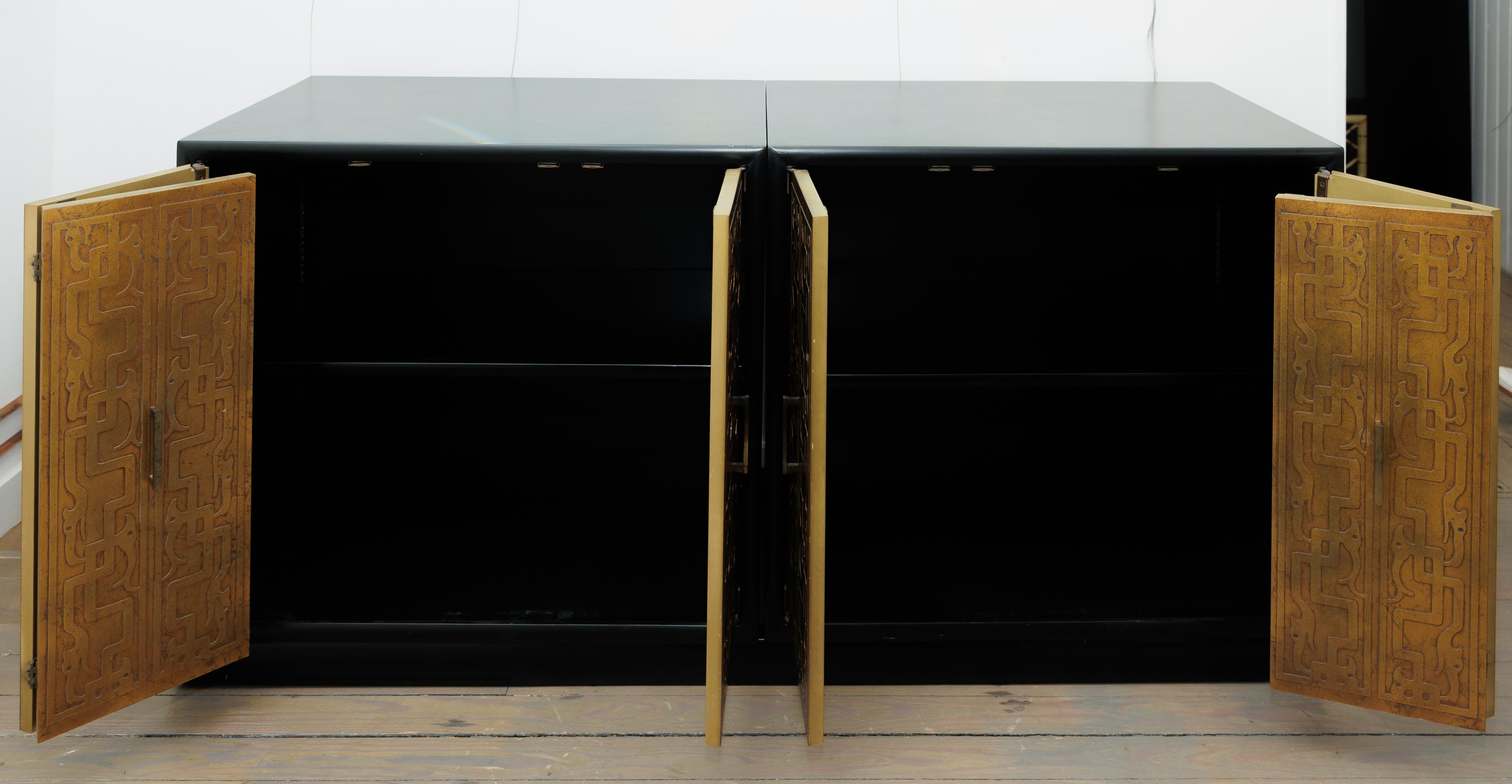 Mid-Century Modern Three Piece Black & Gold Credenza with Brass Detail & Black Glass Tops For Sale