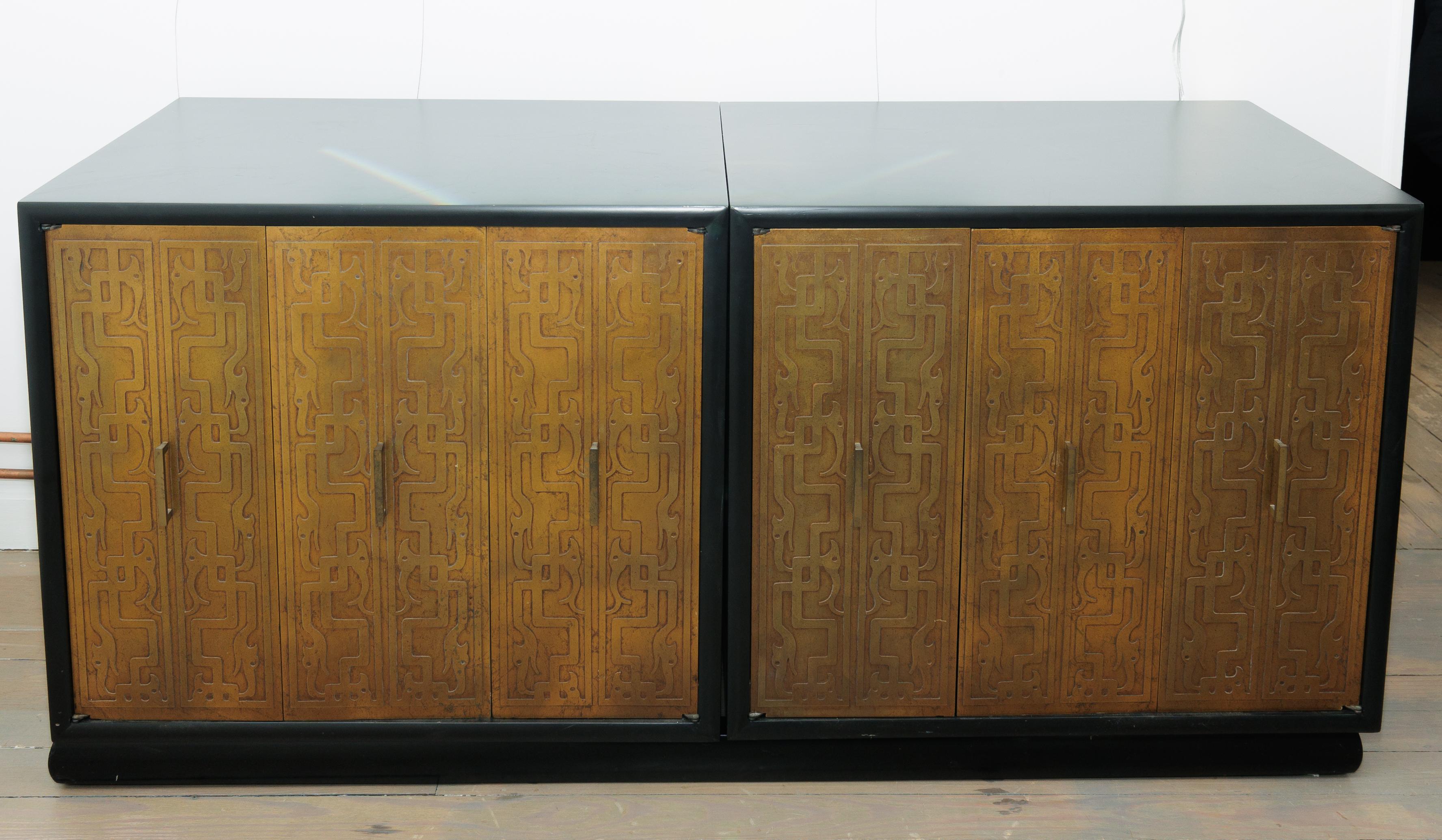 American Three Piece Black & Gold Credenza with Brass Detail & Black Glass Tops For Sale
