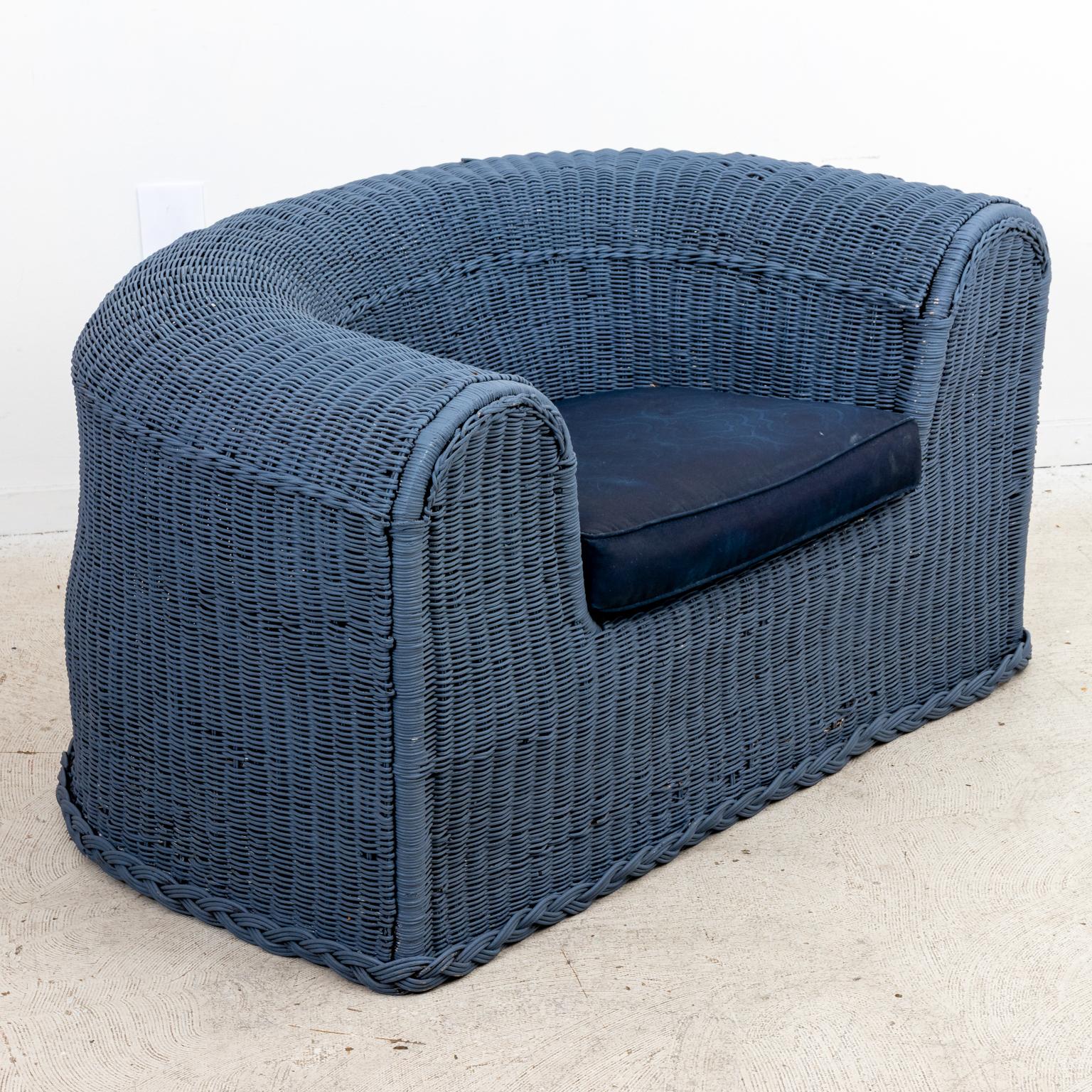 Three Piece Blue Painted Wicker Settee with Two Chairs For Sale 6
