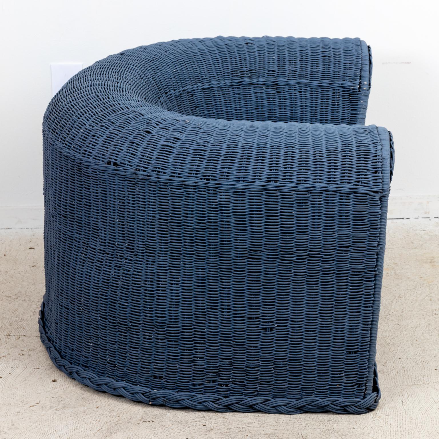 Three Piece Blue Painted Wicker Settee with Two Chairs For Sale 7