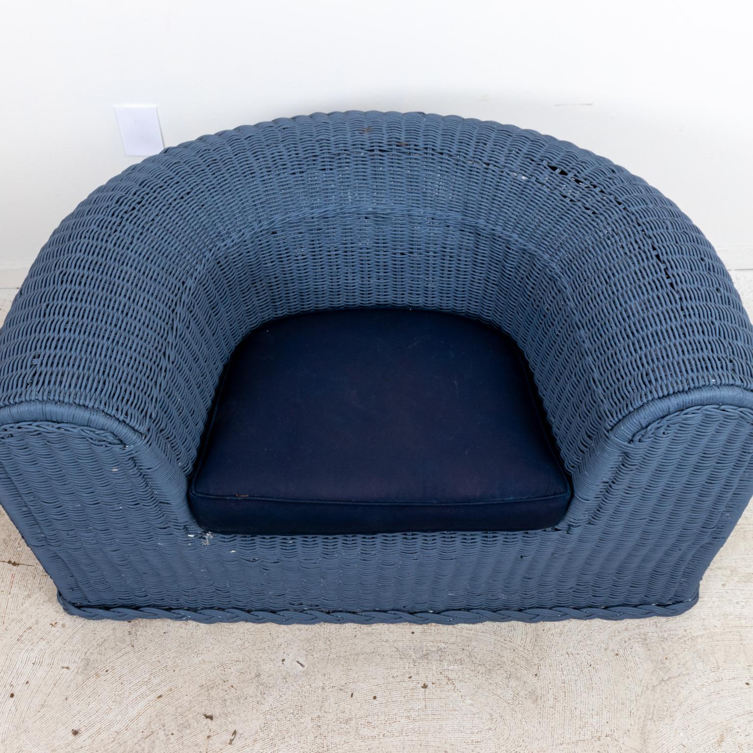 Three Piece Blue Painted Wicker Settee with Two Chairs For Sale 11
