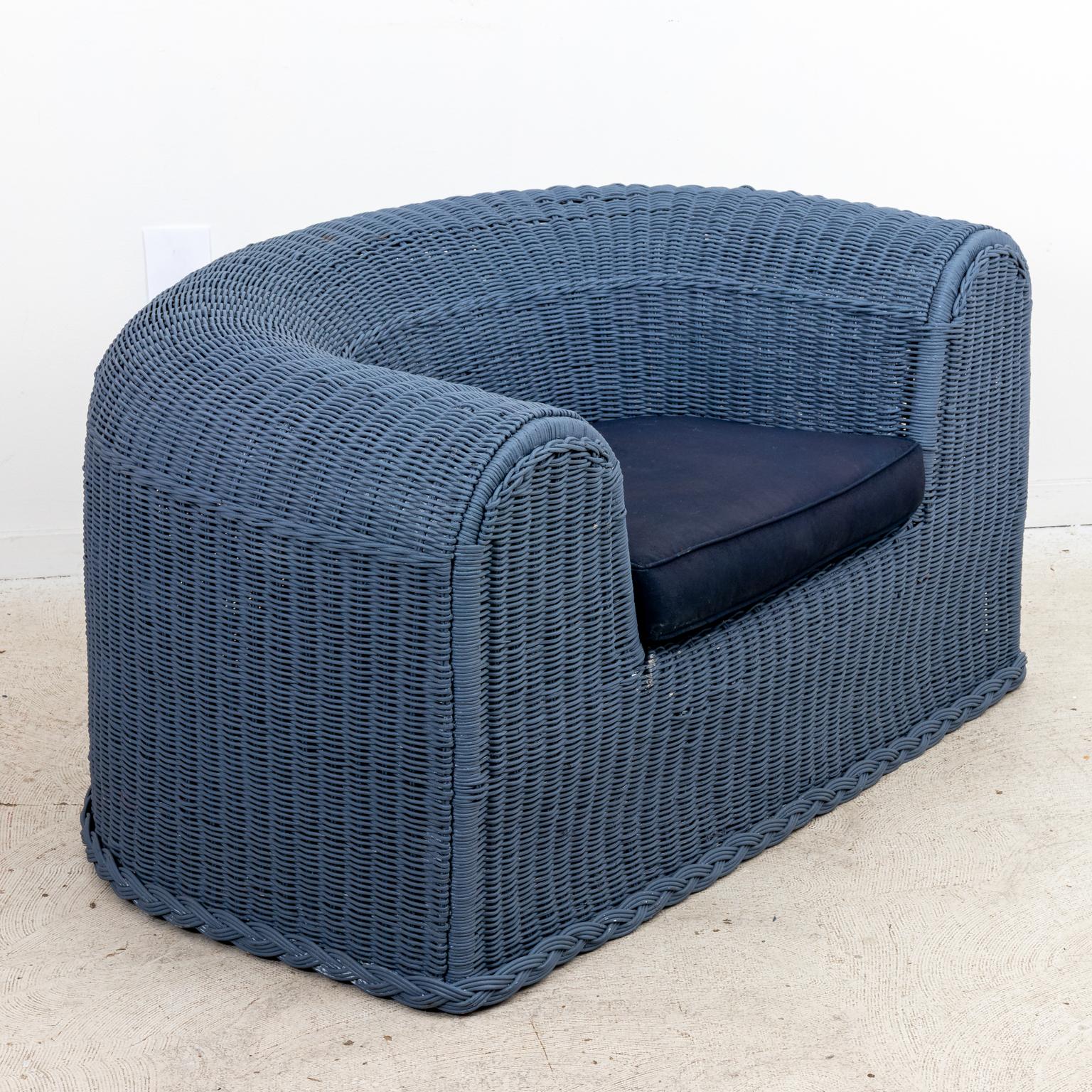 Three Piece Blue Painted Wicker Settee with Two Chairs For Sale 13