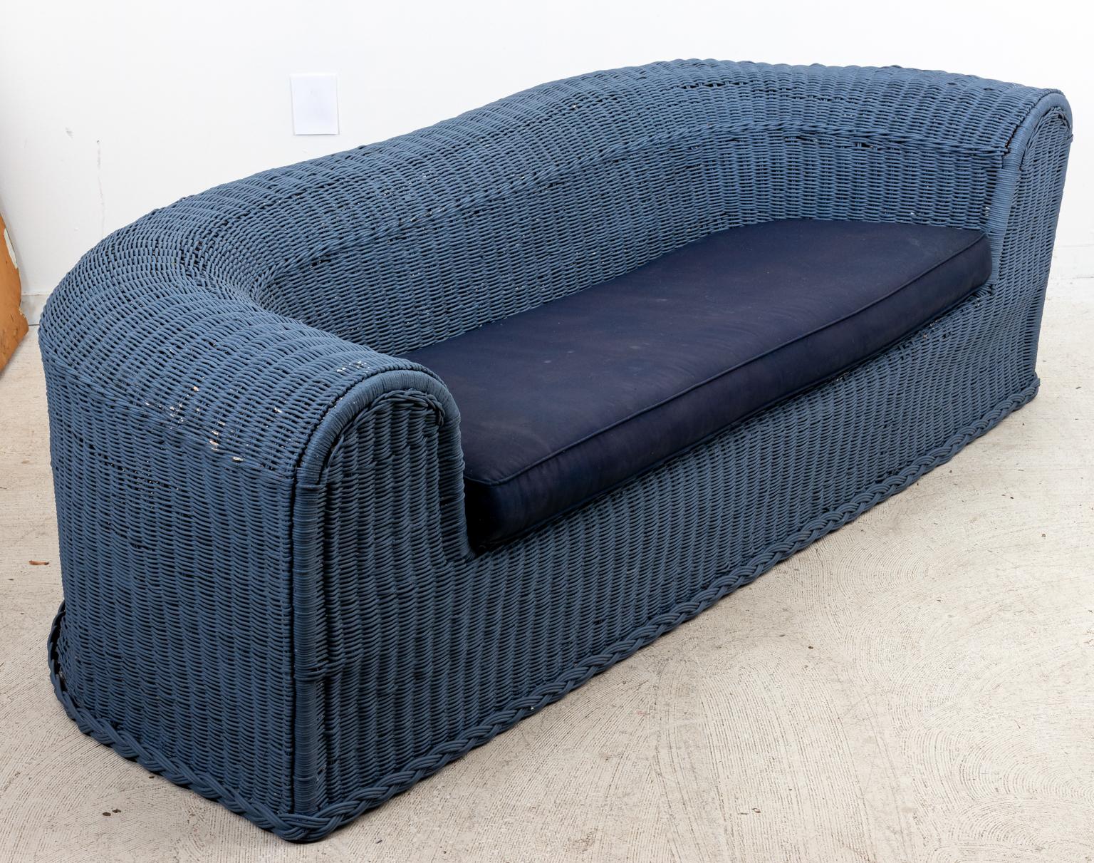 Three Piece Blue Painted Wicker Settee with Two Chairs In Good Condition For Sale In Stamford, CT