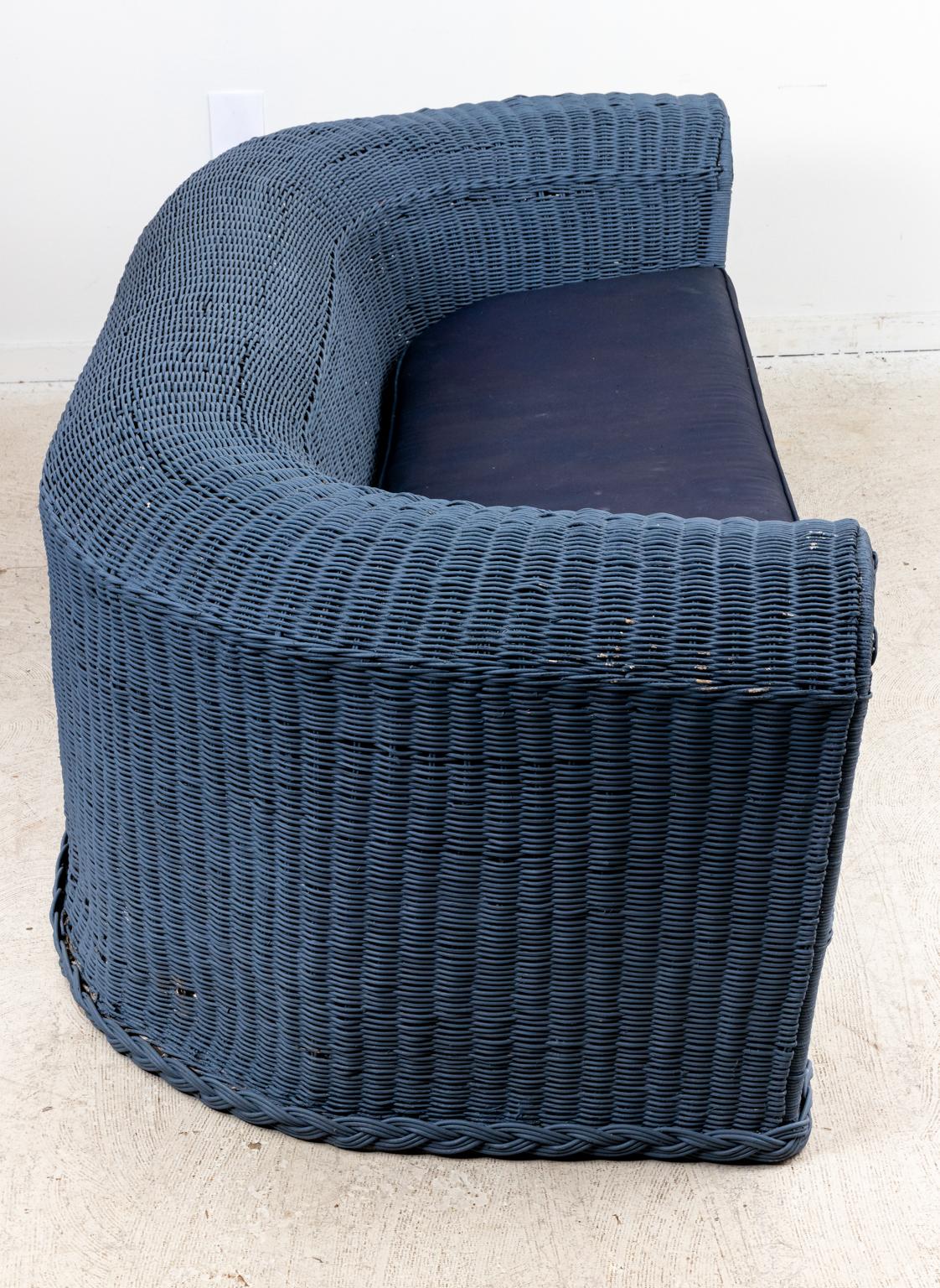 20th Century Three Piece Blue Painted Wicker Settee with Two Chairs For Sale