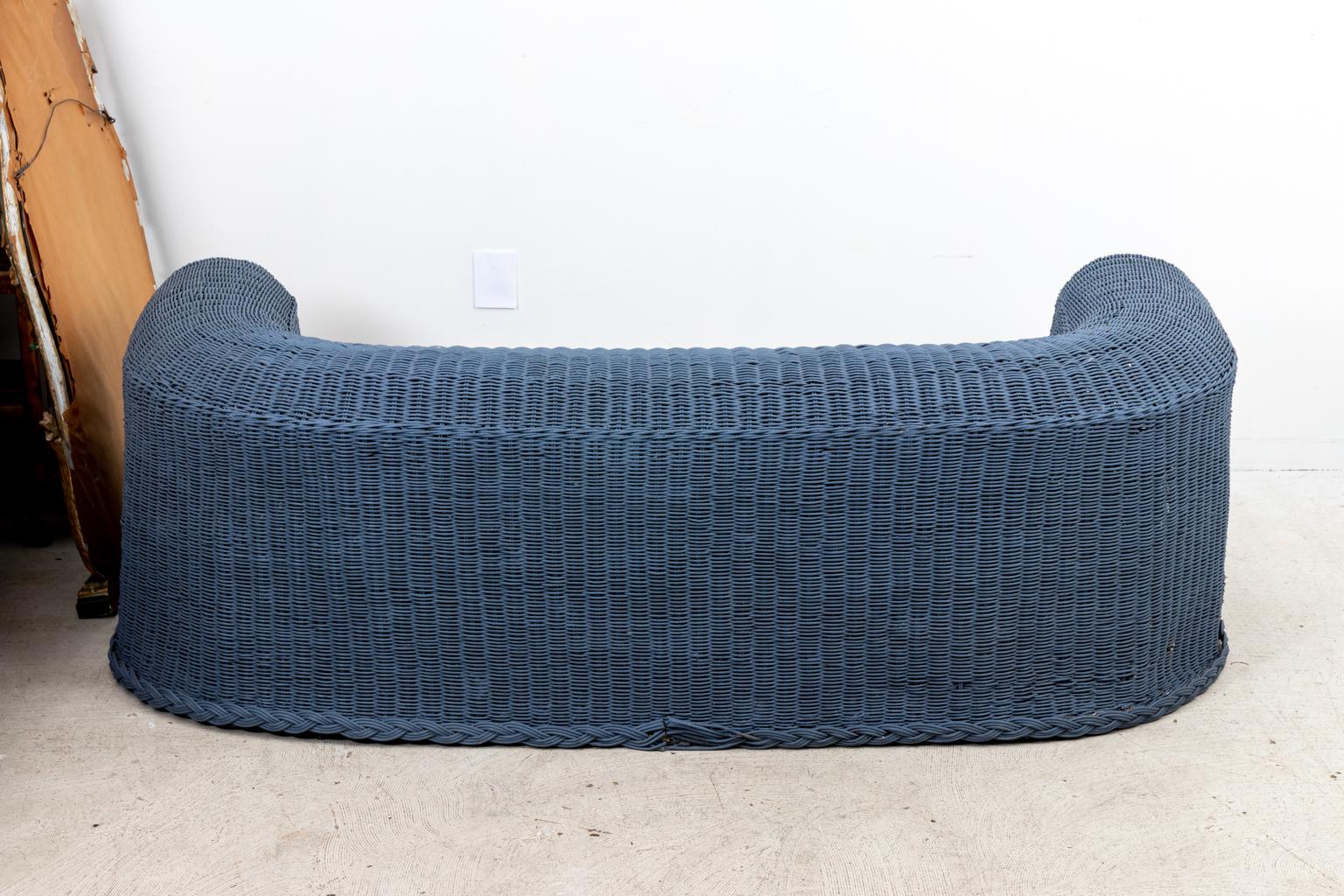 Upholstery Three Piece Blue Painted Wicker Settee with Two Chairs For Sale