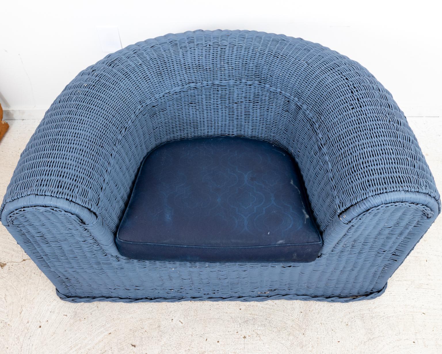 Three Piece Blue Painted Wicker Settee with Two Chairs For Sale 2