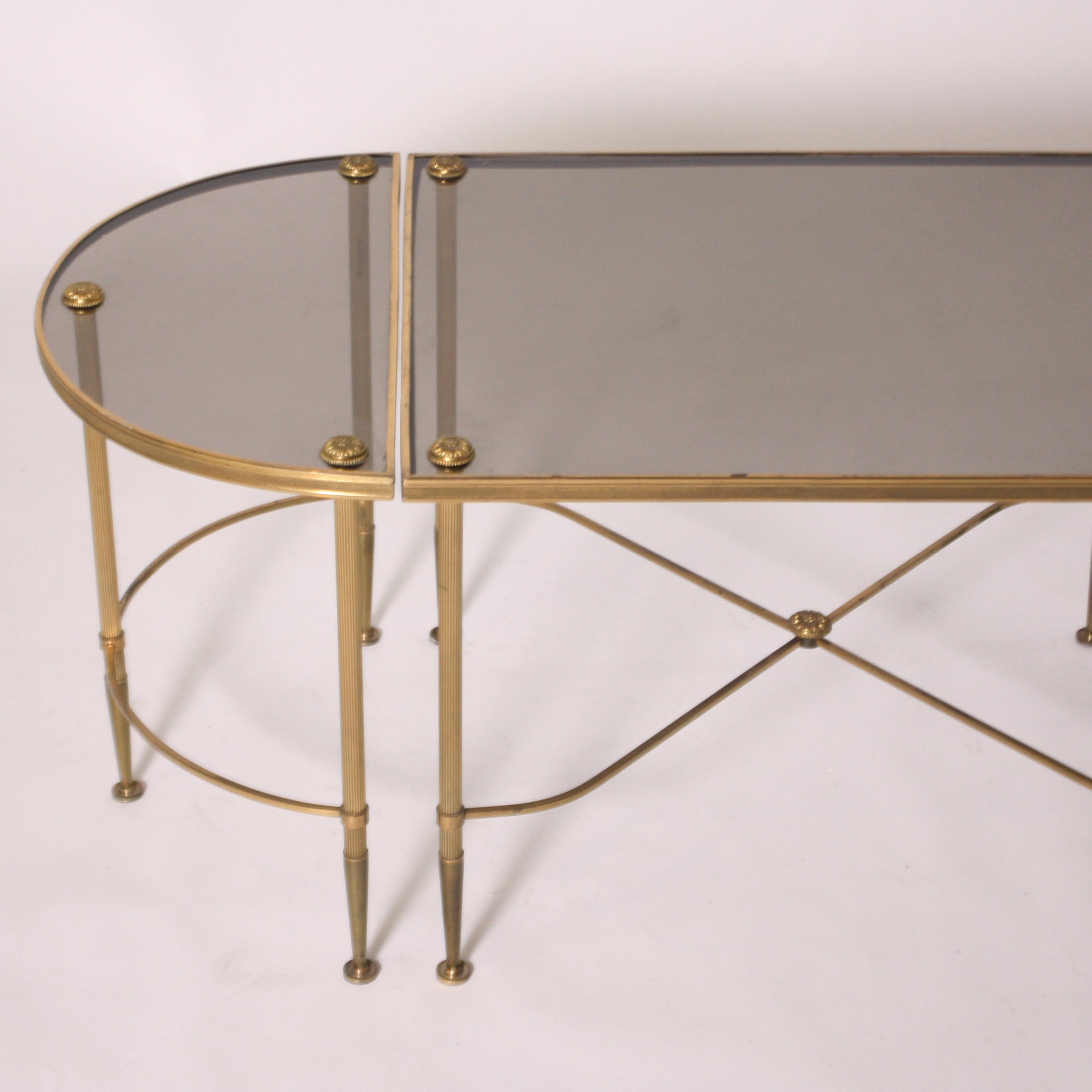 French Three-Piece Brass and Glass Bagues Coffee Table, circa 1950