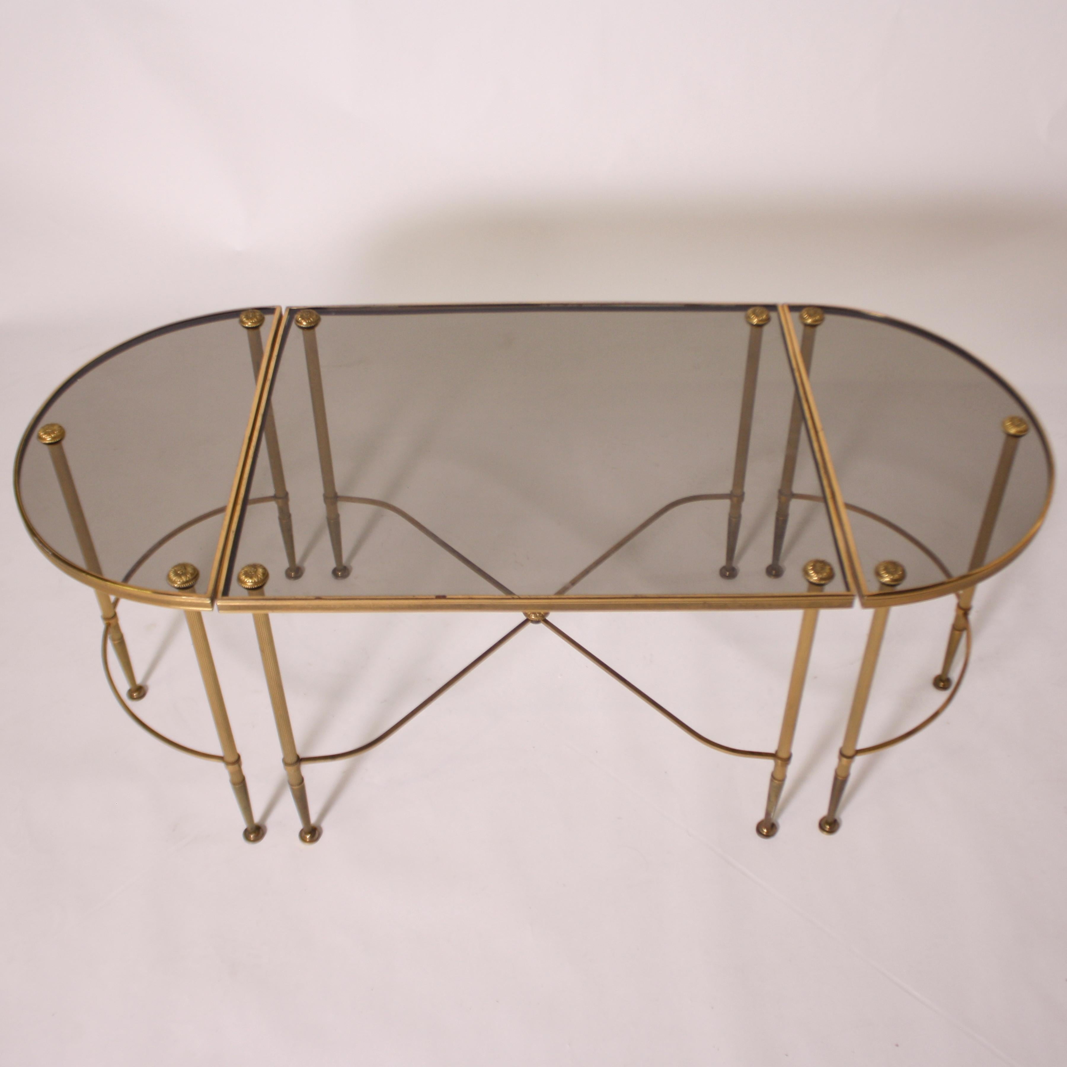 Three-Piece Brass and Glass Bagues Coffee Table, circa 1950 1