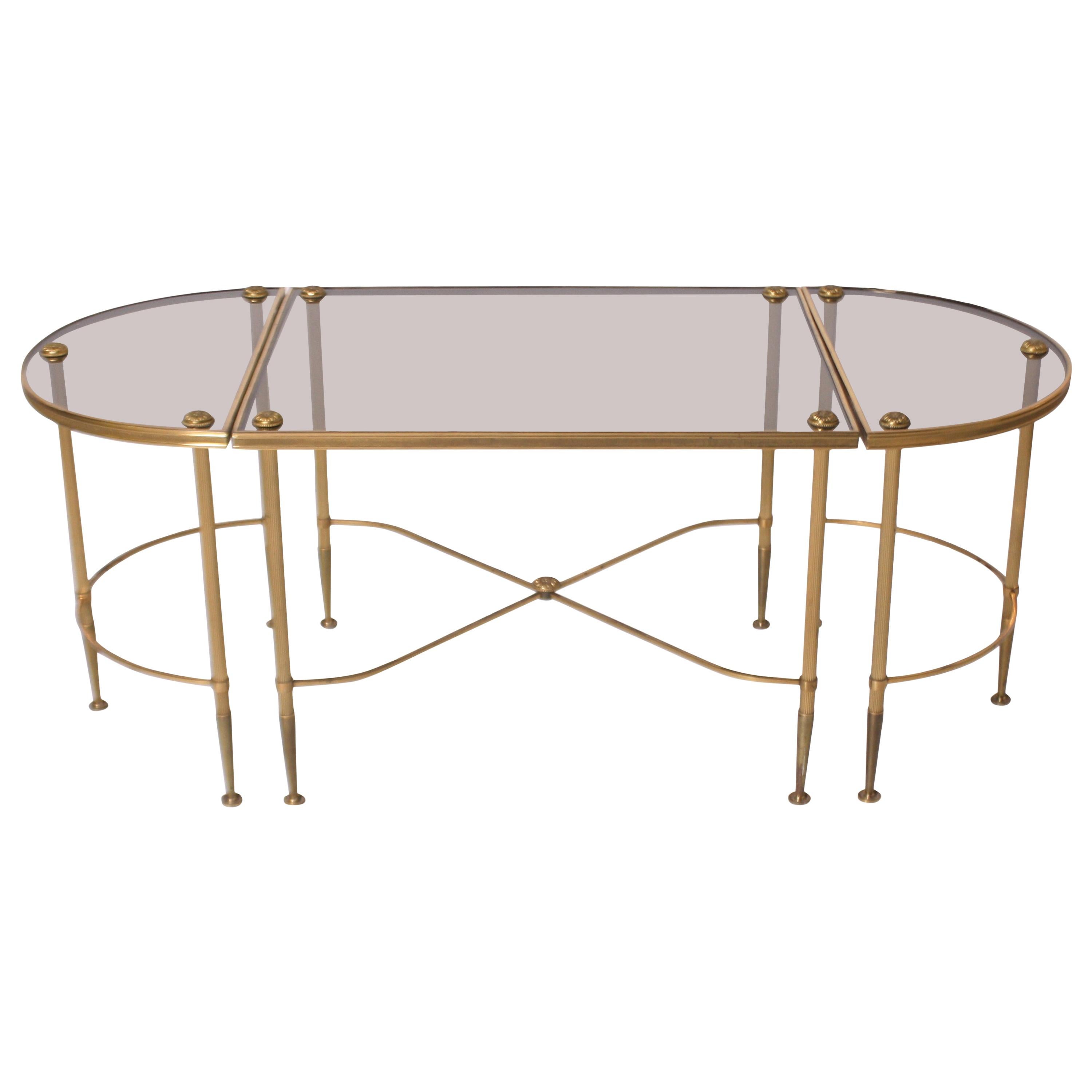 Three-Piece Brass and Glass Bagues Coffee Table, circa 1950