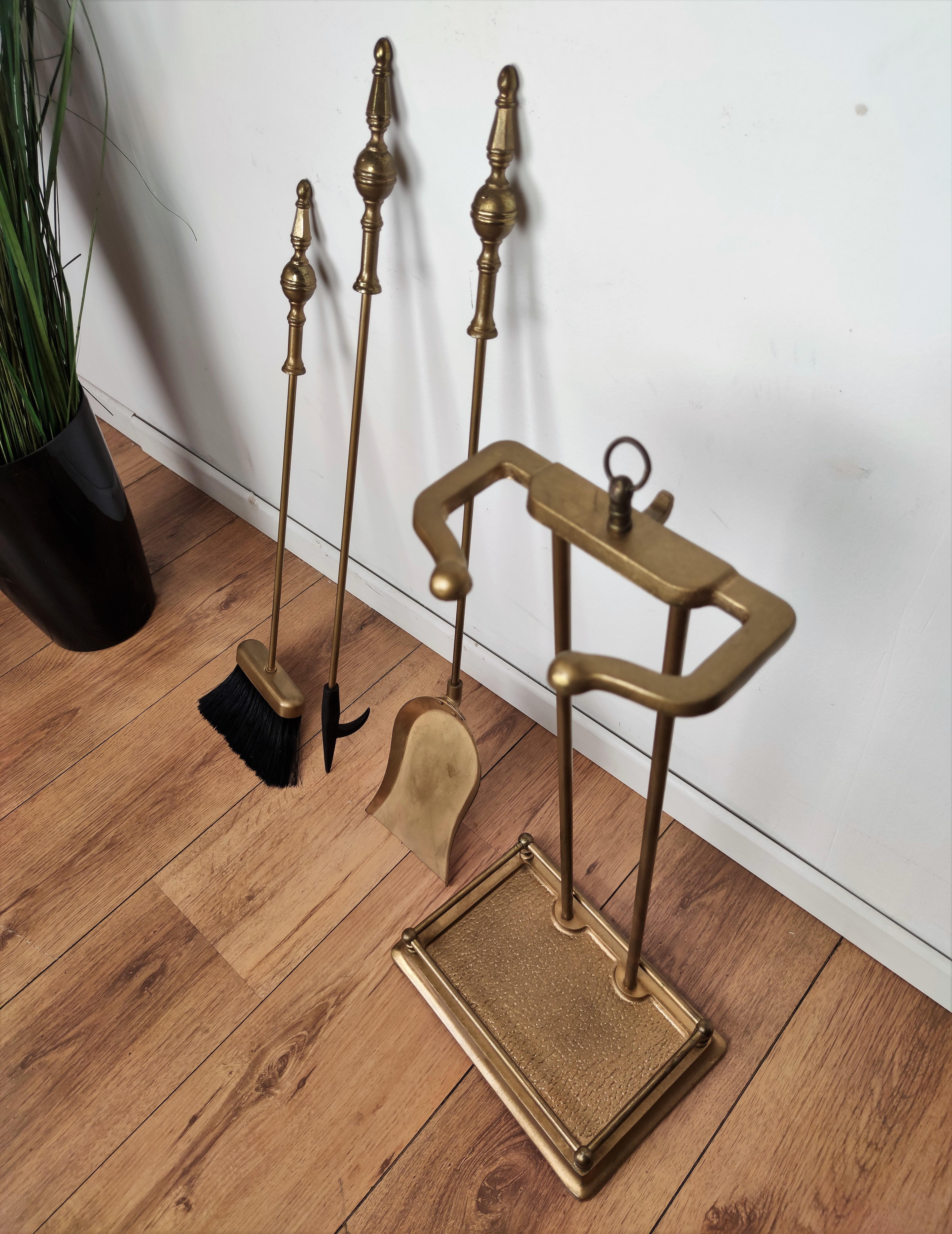 Italian Three-Piece Brass Vintage Fire Tool Set with Stand