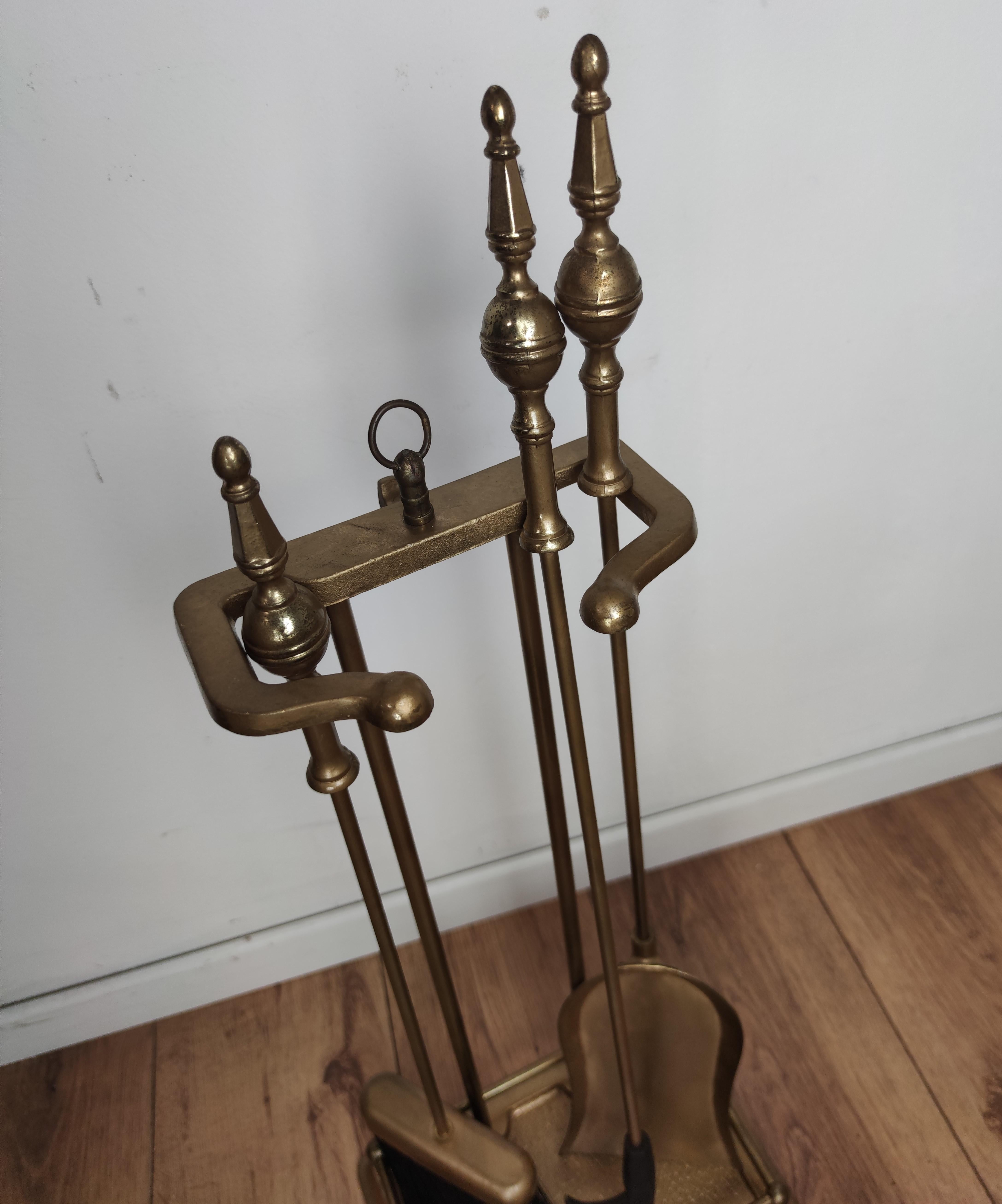 Three-Piece Brass Vintage Fire Tool Set with Stand 1