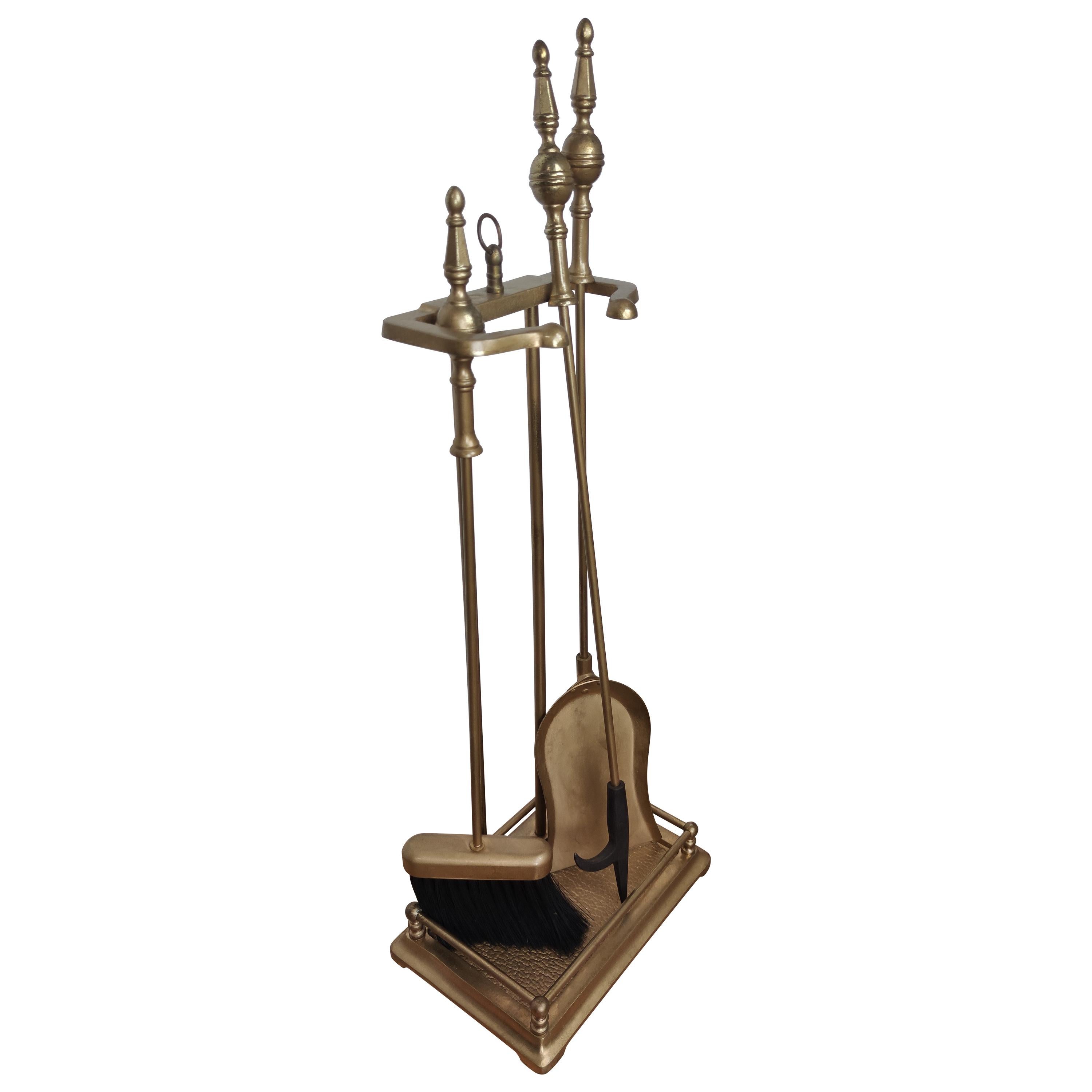 Three-Piece Brass Vintage Fire Tool Set with Stand
