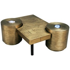 Three-Piece Coffee Table by Belgali Acid Etched Brass Led Lighting Agates
