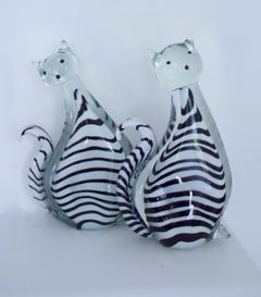 3 Piece Collection Murano Art Glass Striped Cats ‘2.5kg each’ and Bird, 1980s