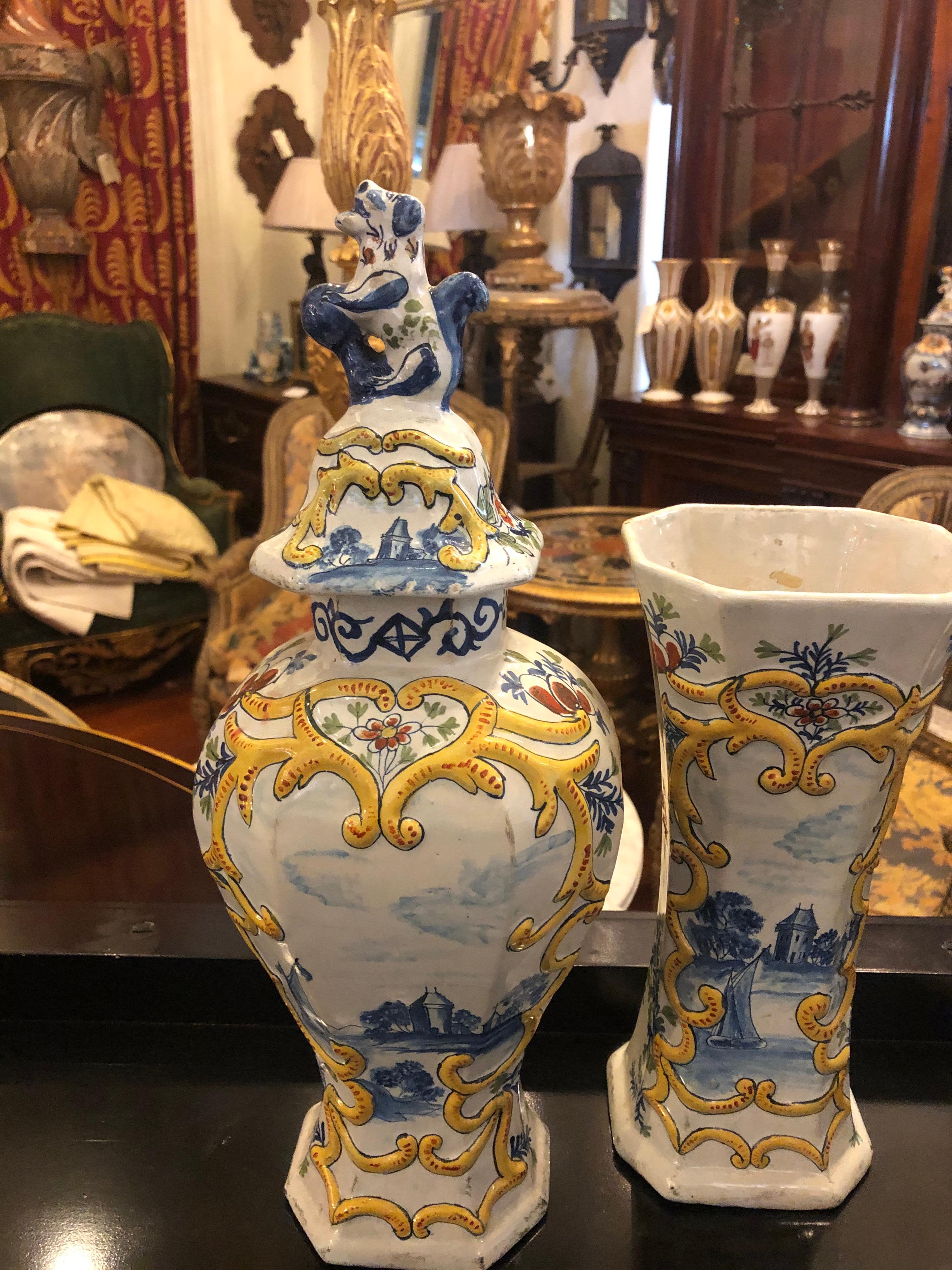 Dutch Three-Piece Delft Polychrome Garniture For Sale