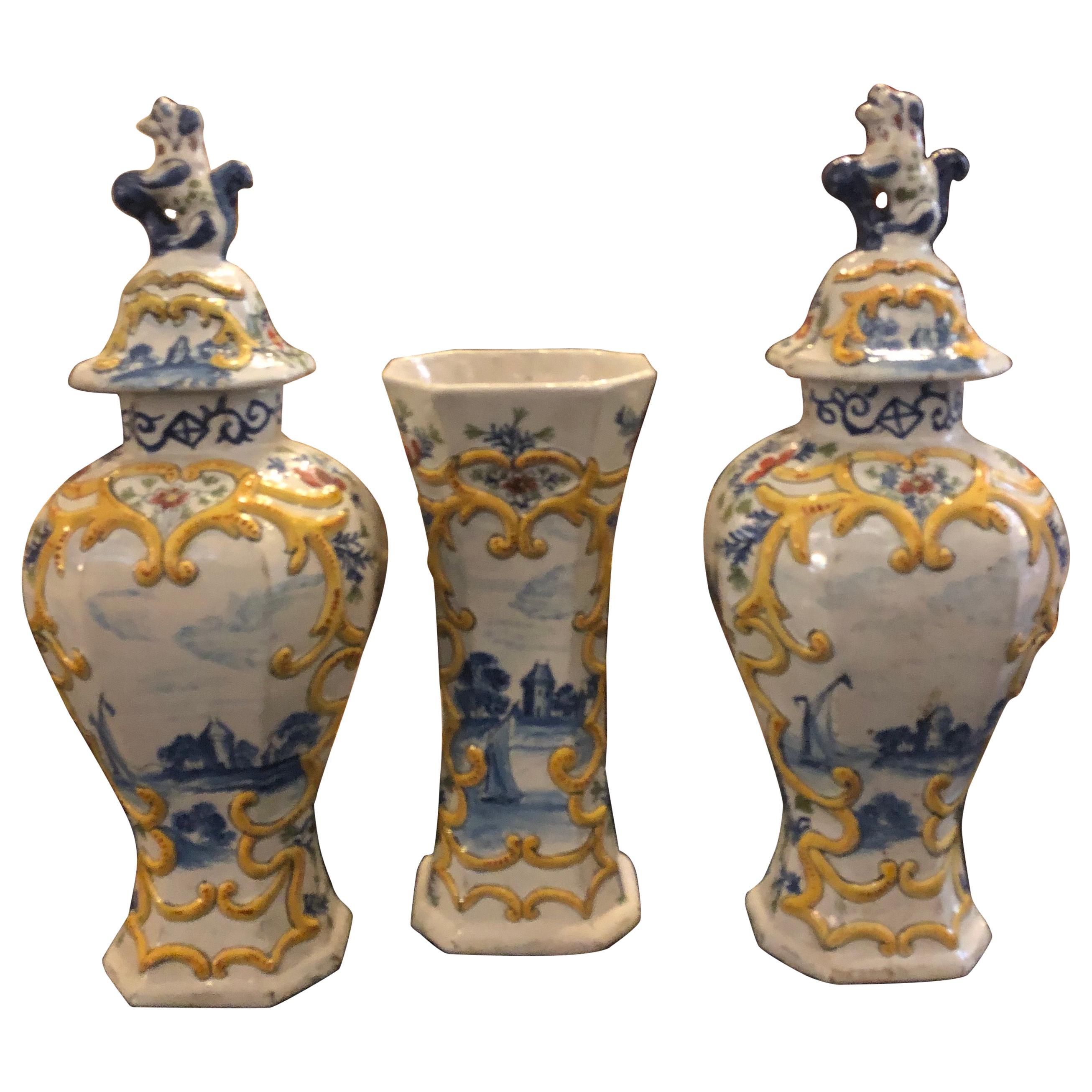 Three-Piece Delft Polychrome Garniture For Sale at 1stDibs