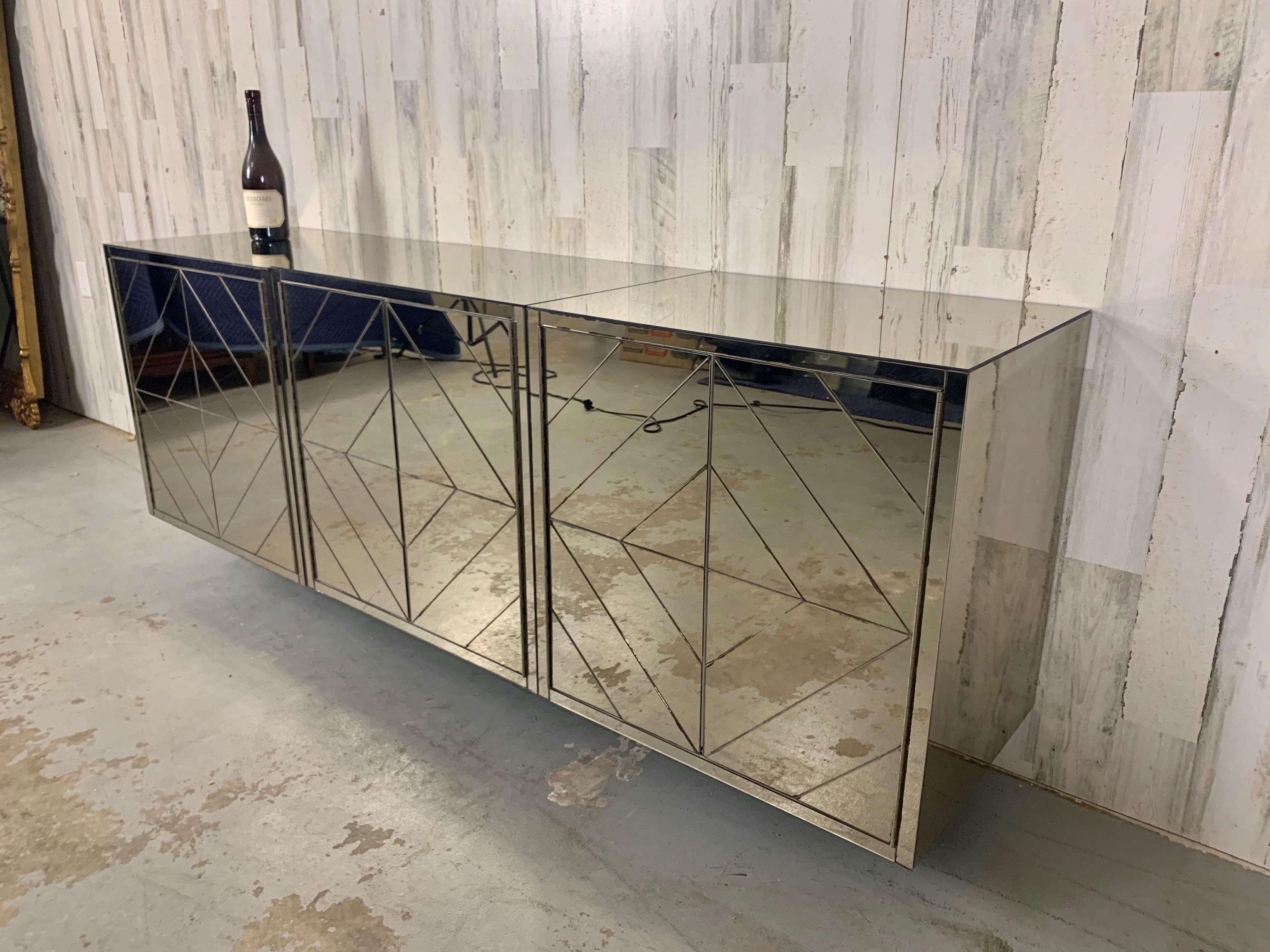 Three Piece Diamond Pattern Mirrored Floating Credenza For Sale 7