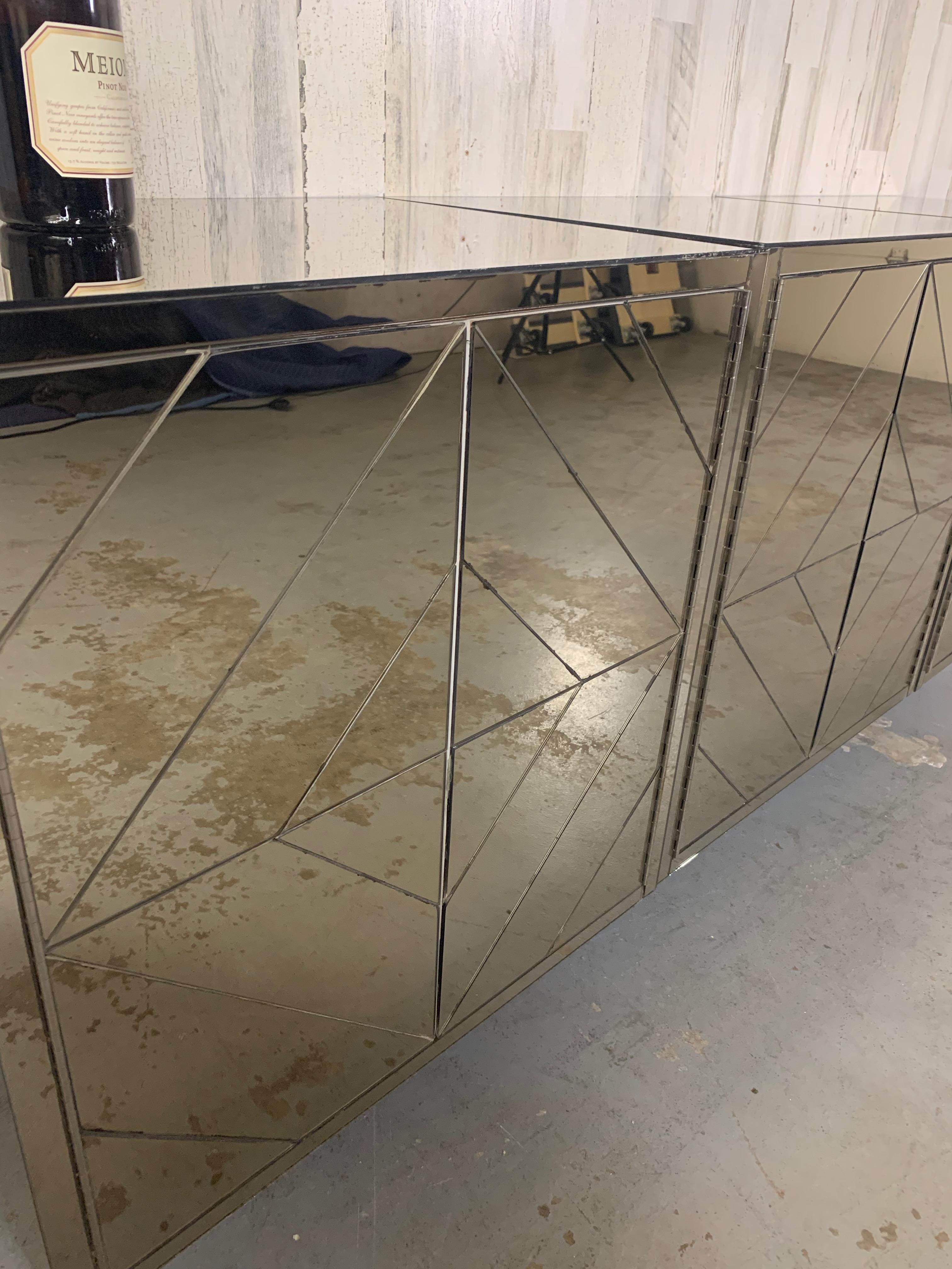 Three Piece Diamond Pattern Mirrored Floating Credenza For Sale 8