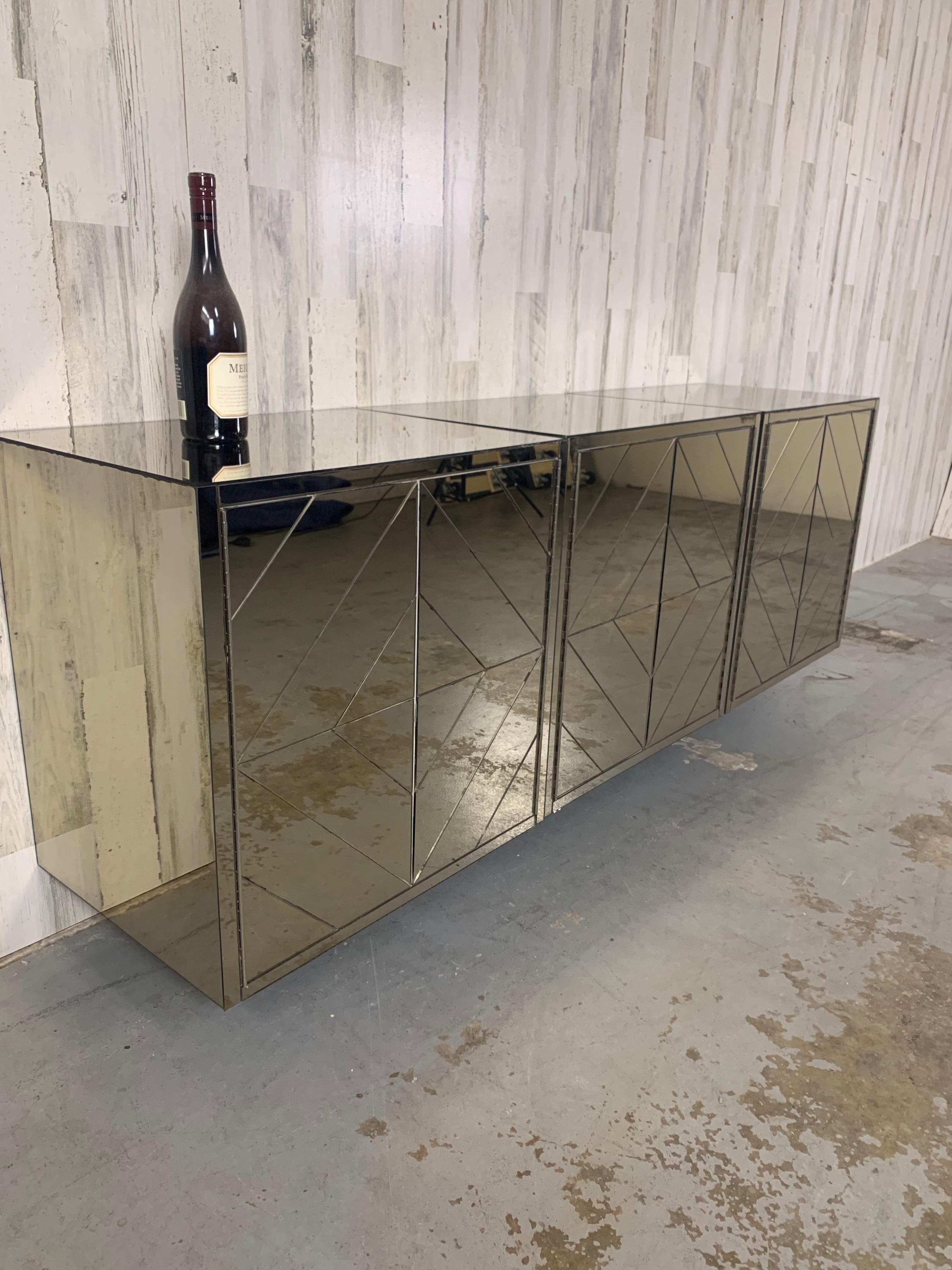 Mid-Century Modern Three Piece Diamond Pattern Mirrored Floating Credenza For Sale