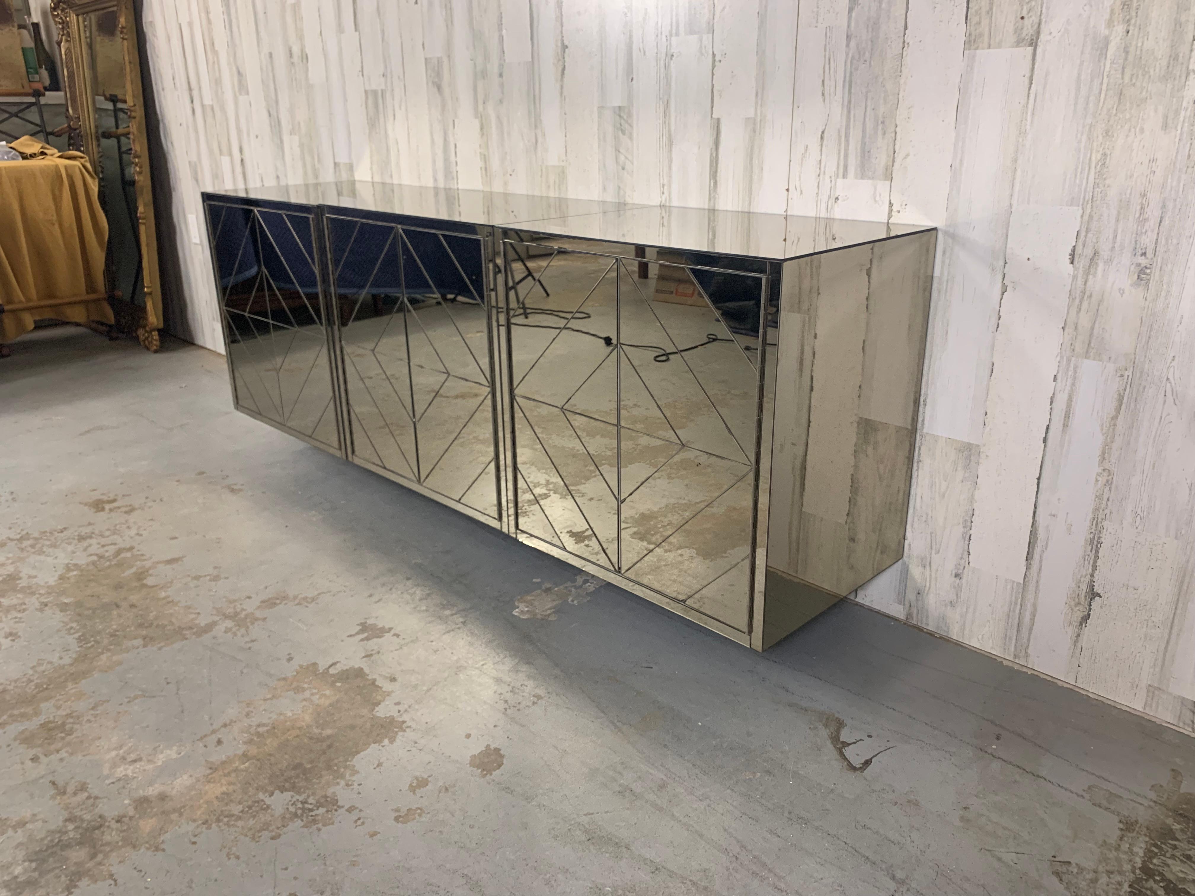 American Three Piece Diamond Pattern Mirrored Floating Credenza For Sale