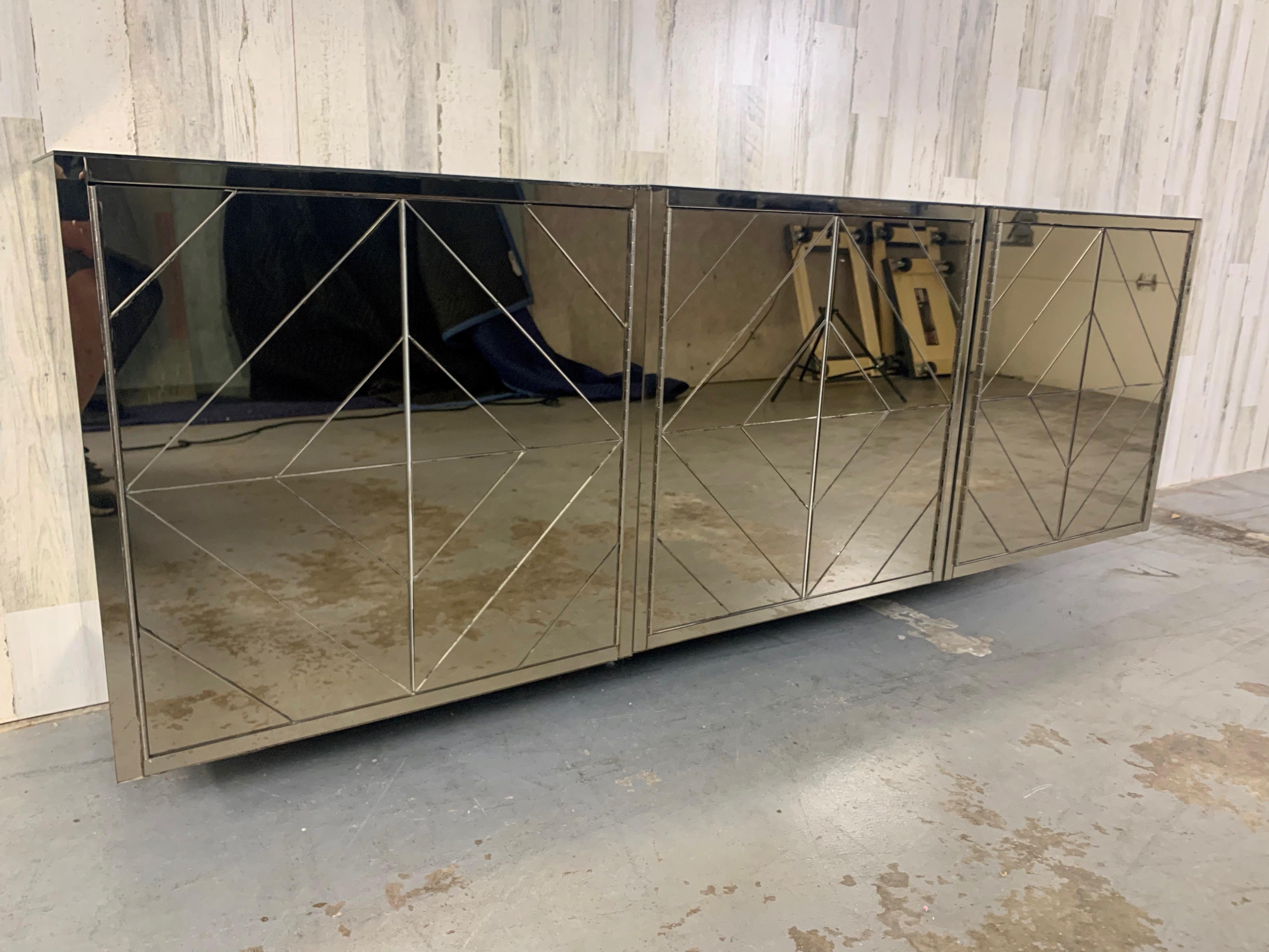 20th Century Three Piece Diamond Pattern Mirrored Floating Credenza For Sale