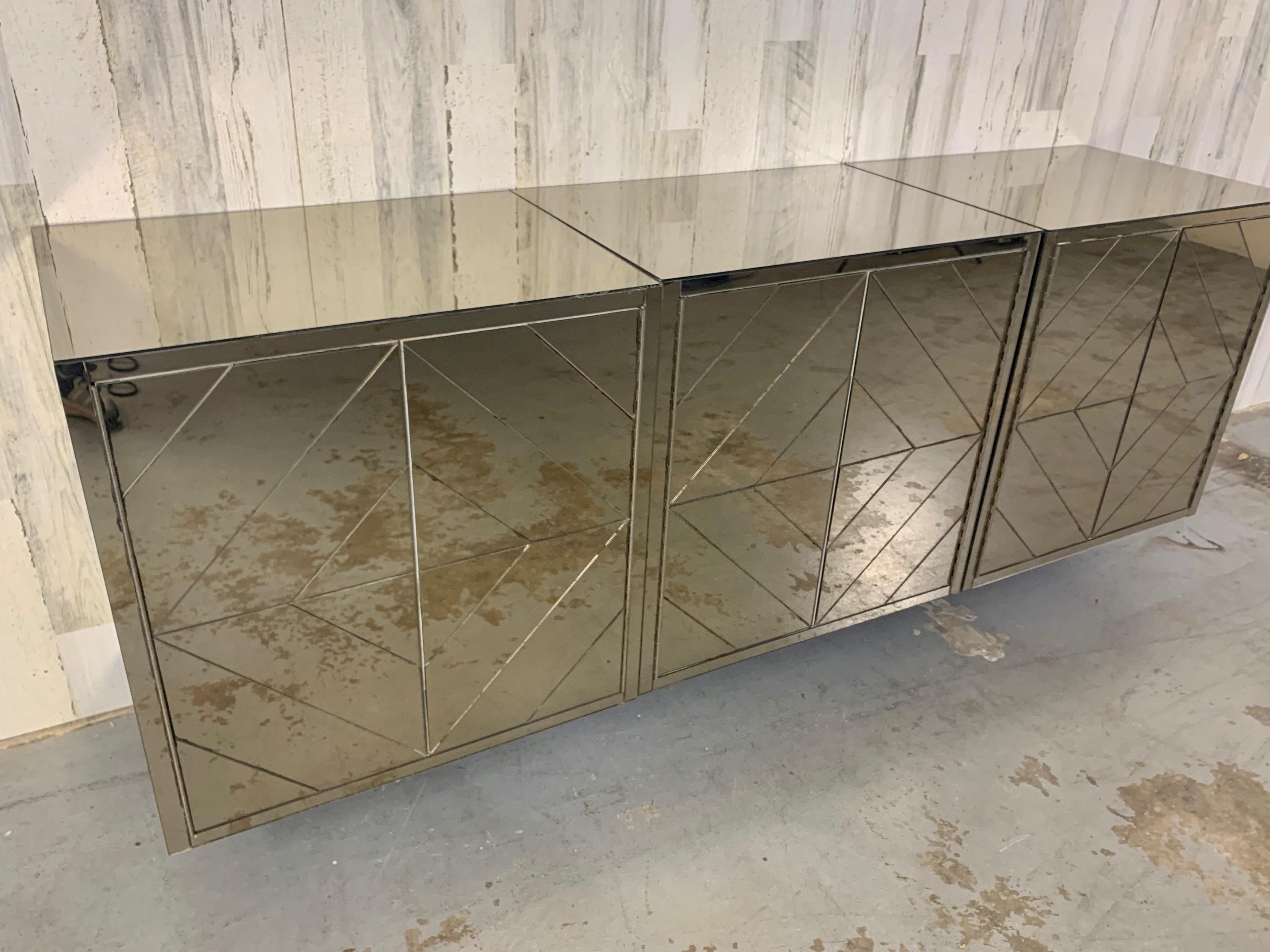 Metal Three Piece Diamond Pattern Mirrored Floating Credenza For Sale