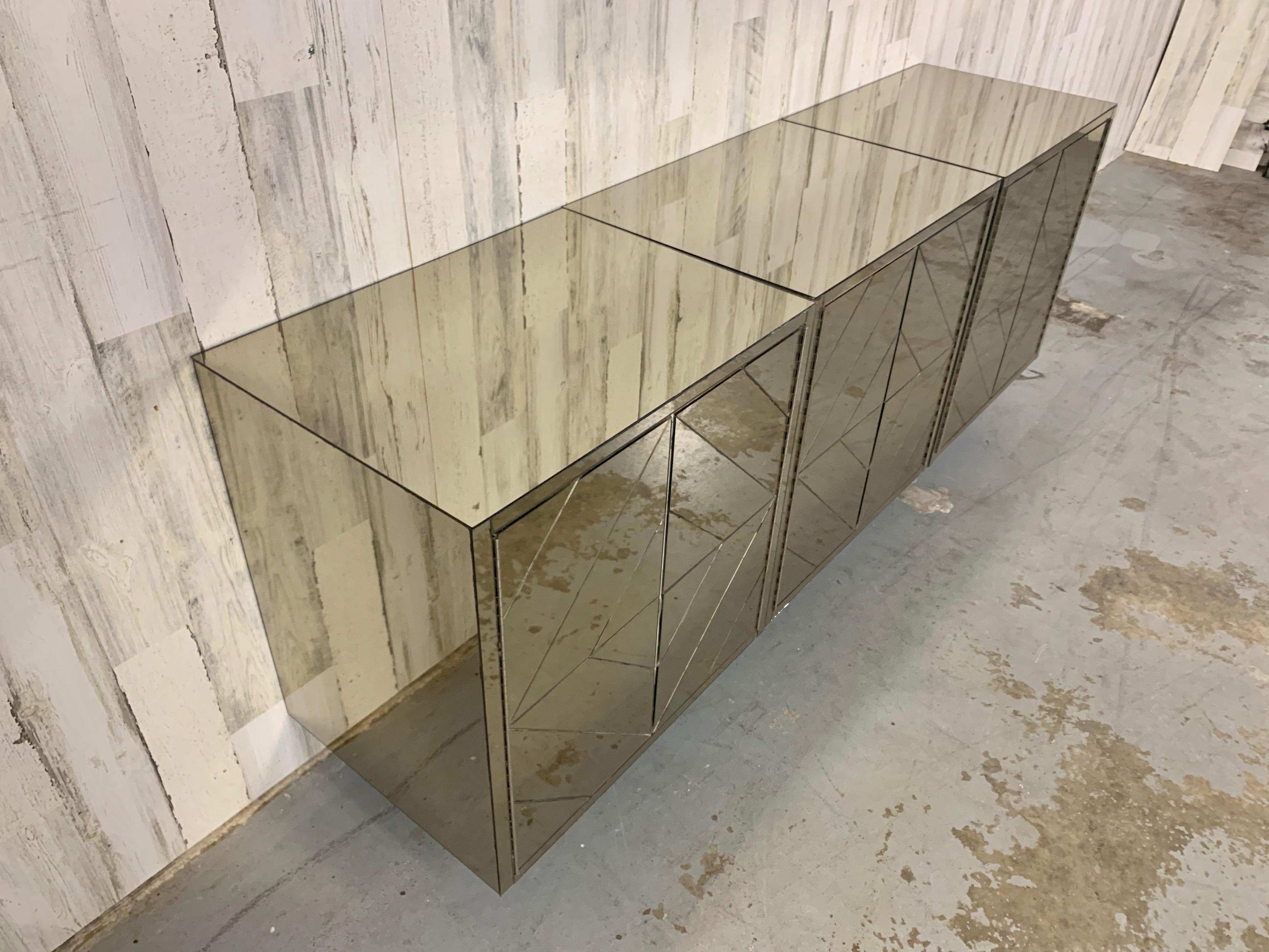 Three Piece Diamond Pattern Mirrored Floating Credenza For Sale 1