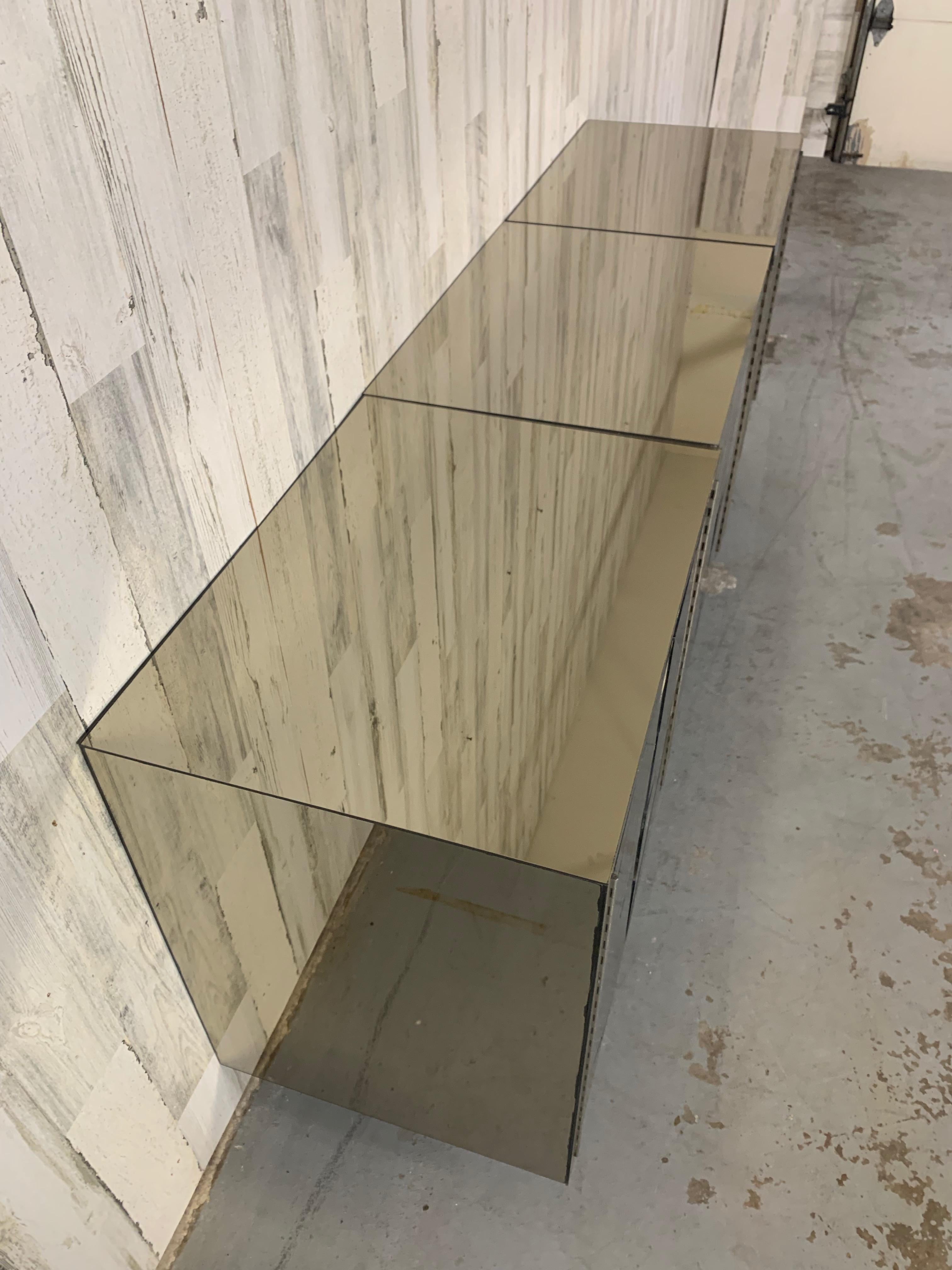 Three Piece Diamond Pattern Mirrored Floating Credenza For Sale 2