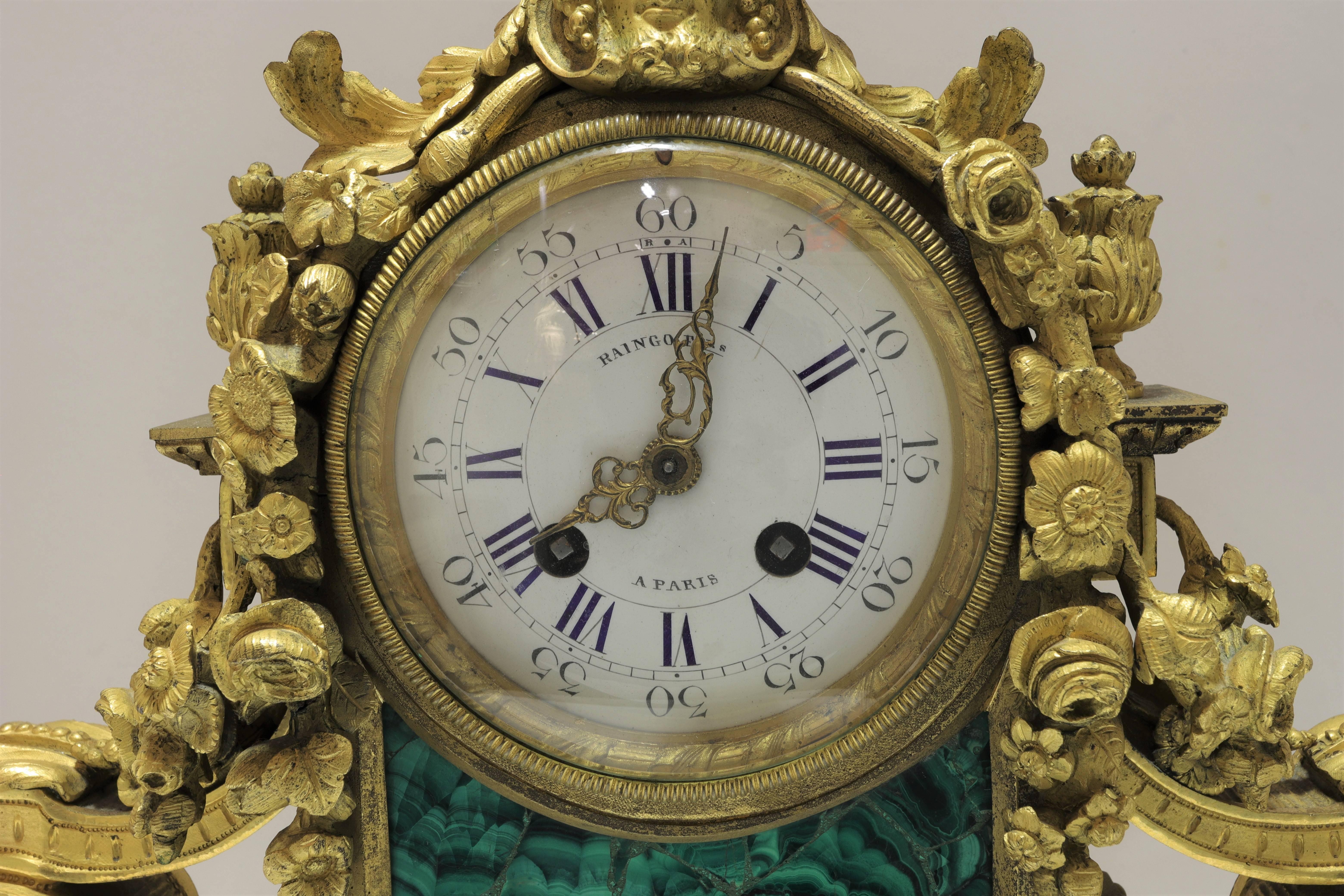Louis XVI Three-Piece French Bronze and Malachite Clock Set For Sale
