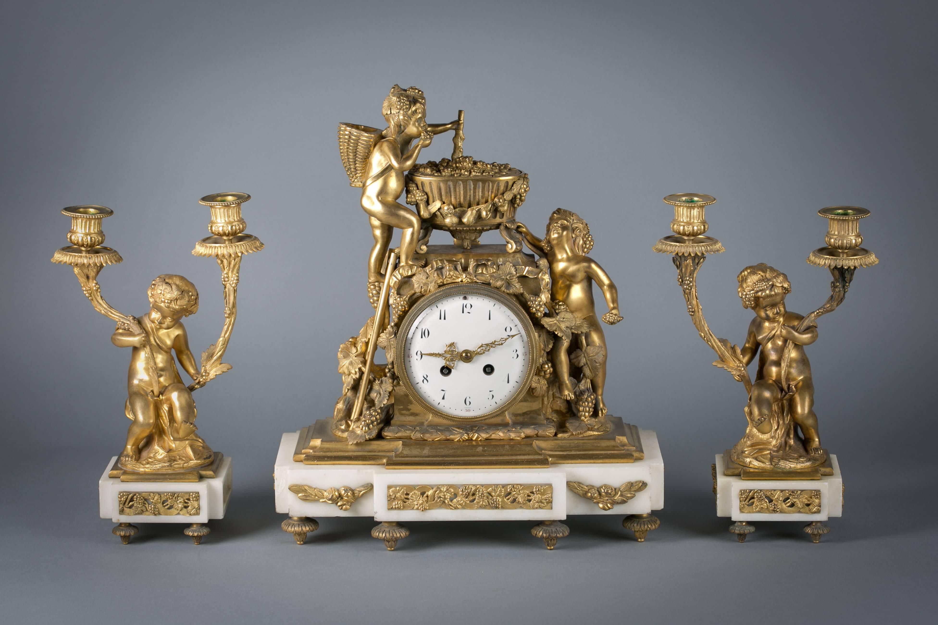 Three Piece French Bronze and Marble Clock Garniture, circa 1875 6
