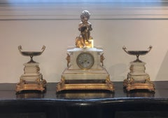 Three Piece French Clock Garniture Set, White Onyx and Ormolu, Dasson & Godeau