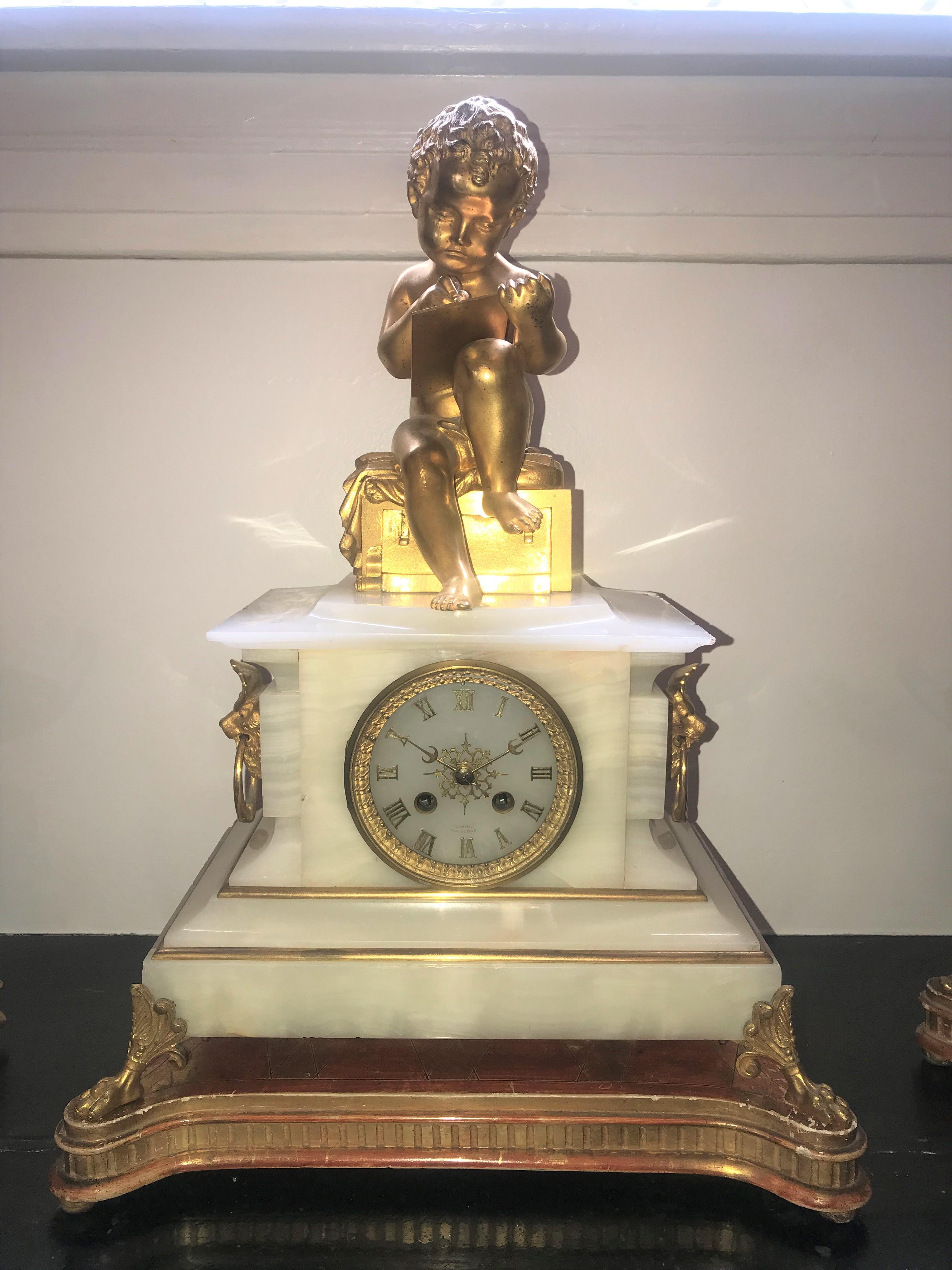 Three Piece French Clock Garniture Set, White Onyx and Ormolu, Dasson & Godeau In Good Condition For Sale In Seattle, WA