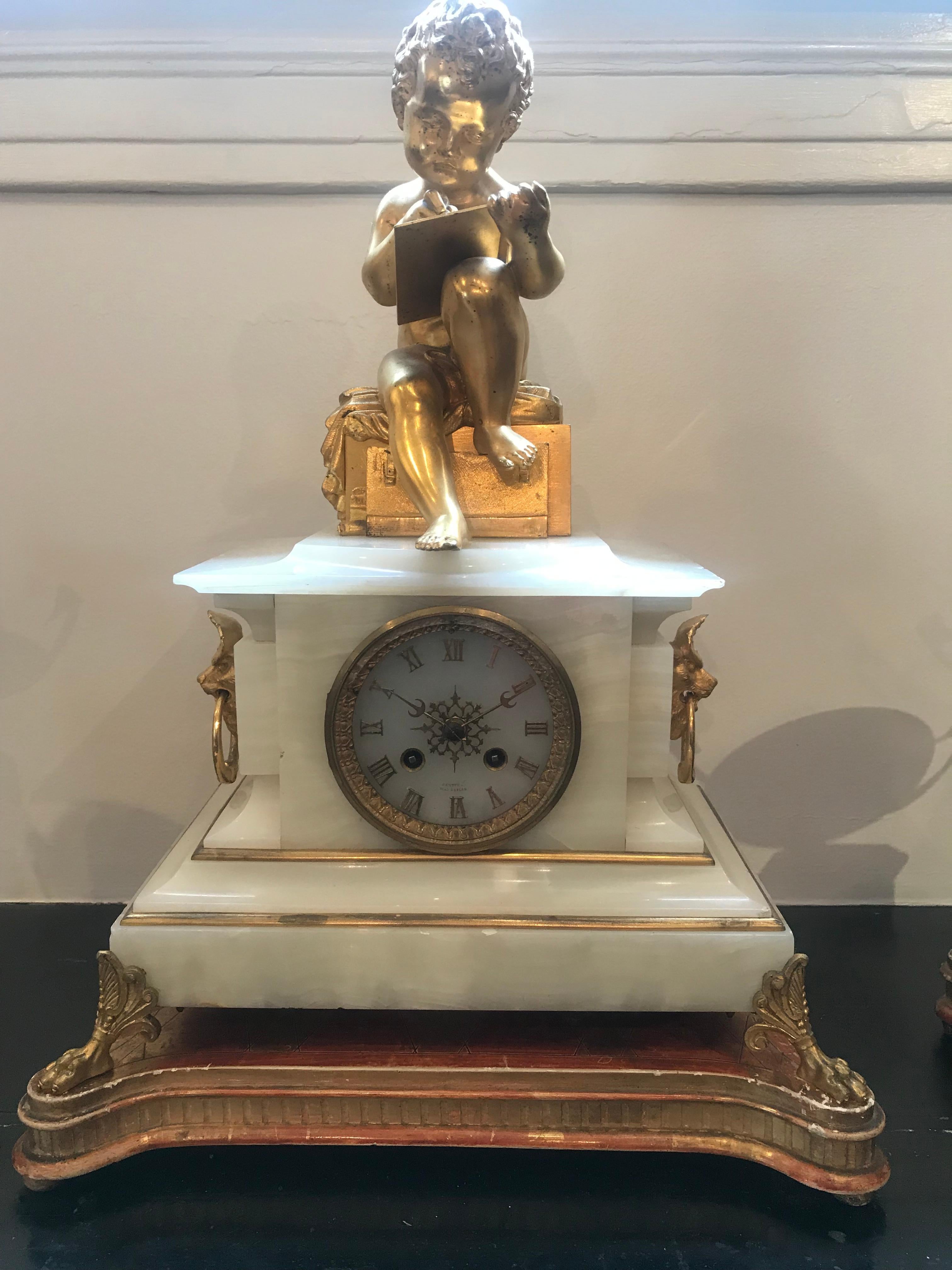 Three Piece French Clock Garniture Set, White Onyx and Ormolu, Dasson & Godeau For Sale 1