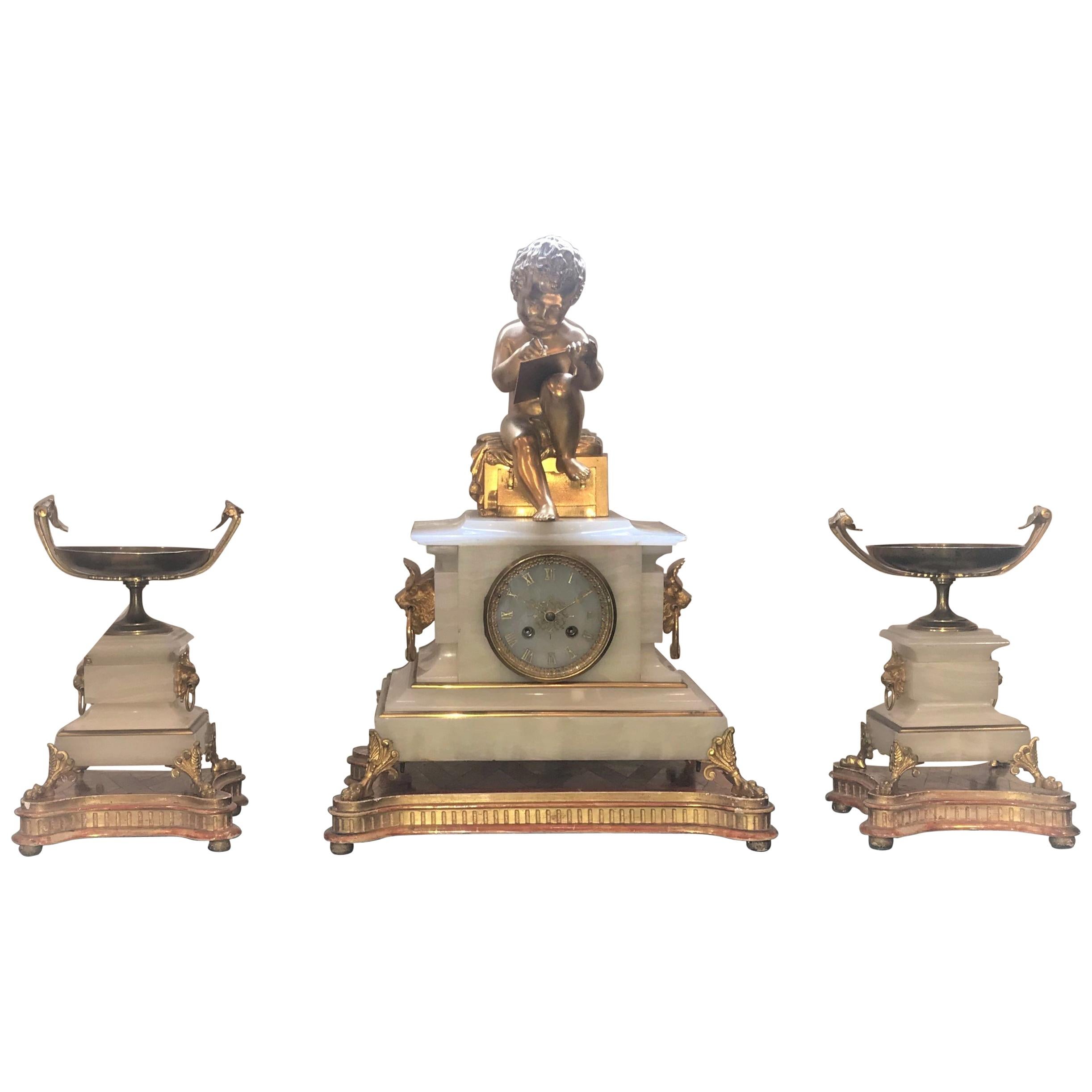 Three Piece French Clock Garniture Set, White Onyx and Ormolu, Dasson & Godeau For Sale