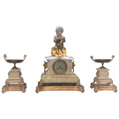 Antique Three Piece French Clock Garniture Set, White Onyx and Ormolu, Dasson & Godeau