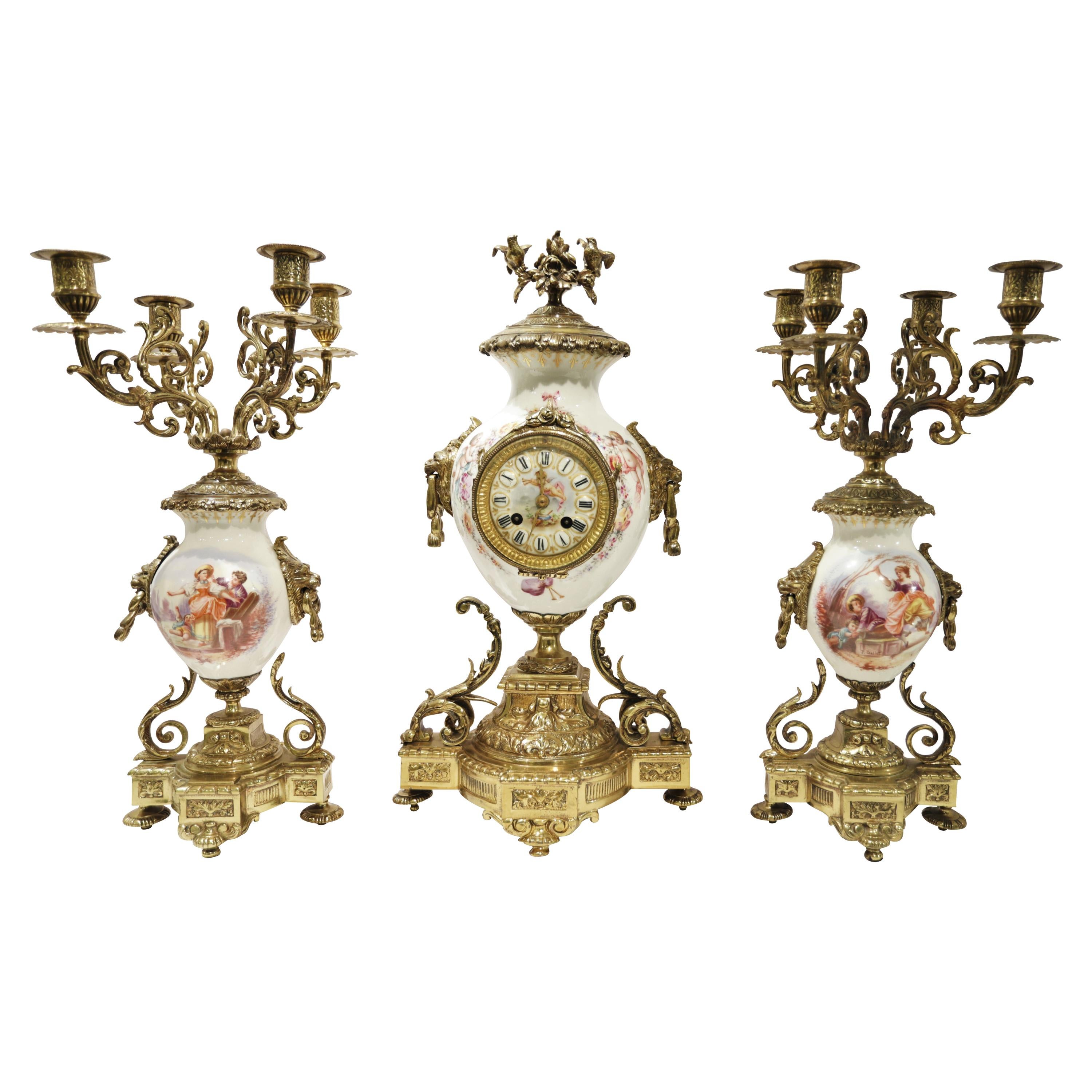 Three-Piece French Sevres Bronze Mounted Clock Set