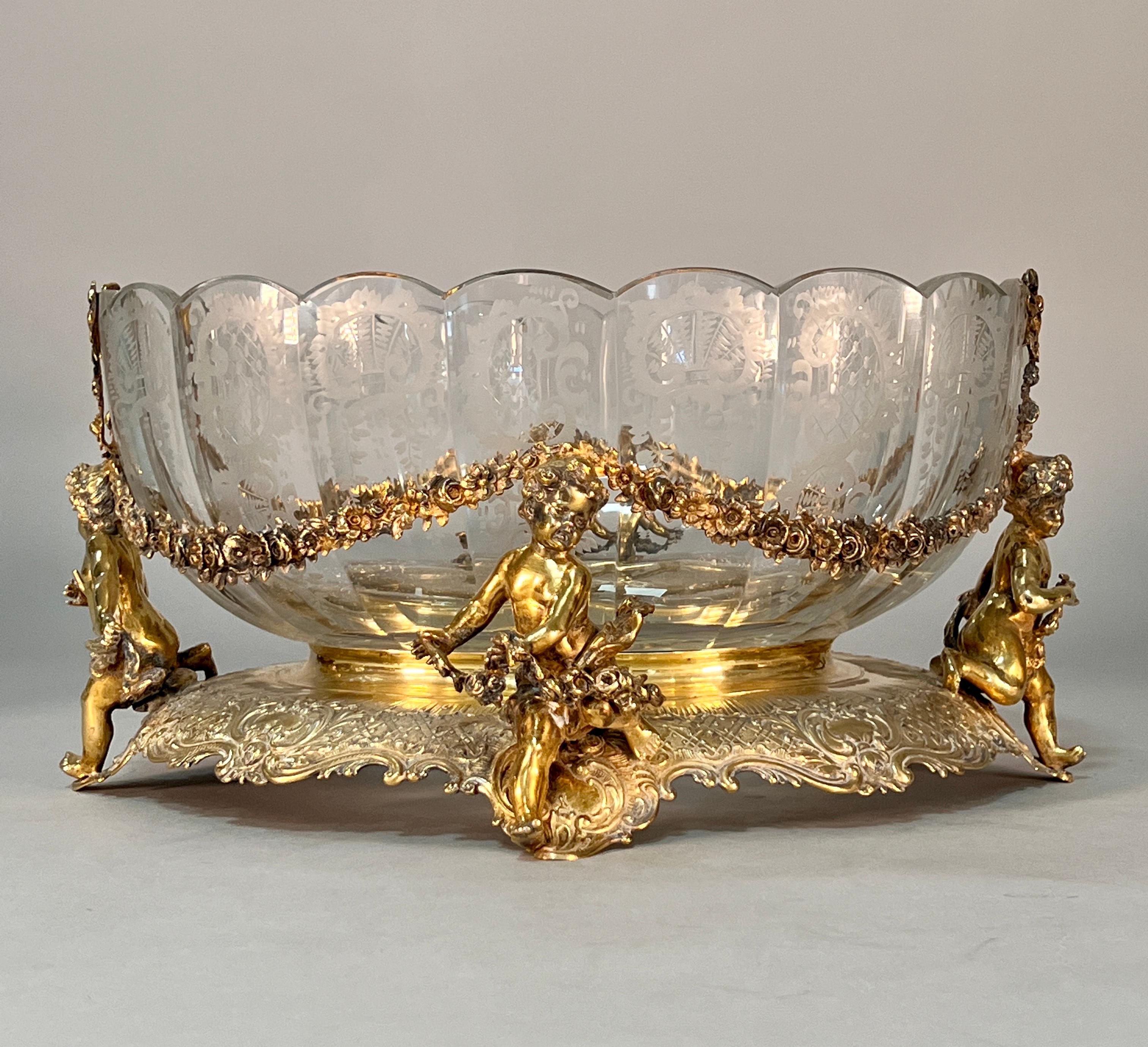 19th Century Three-Piece German  Silver &  etched crystal garniture For Sale