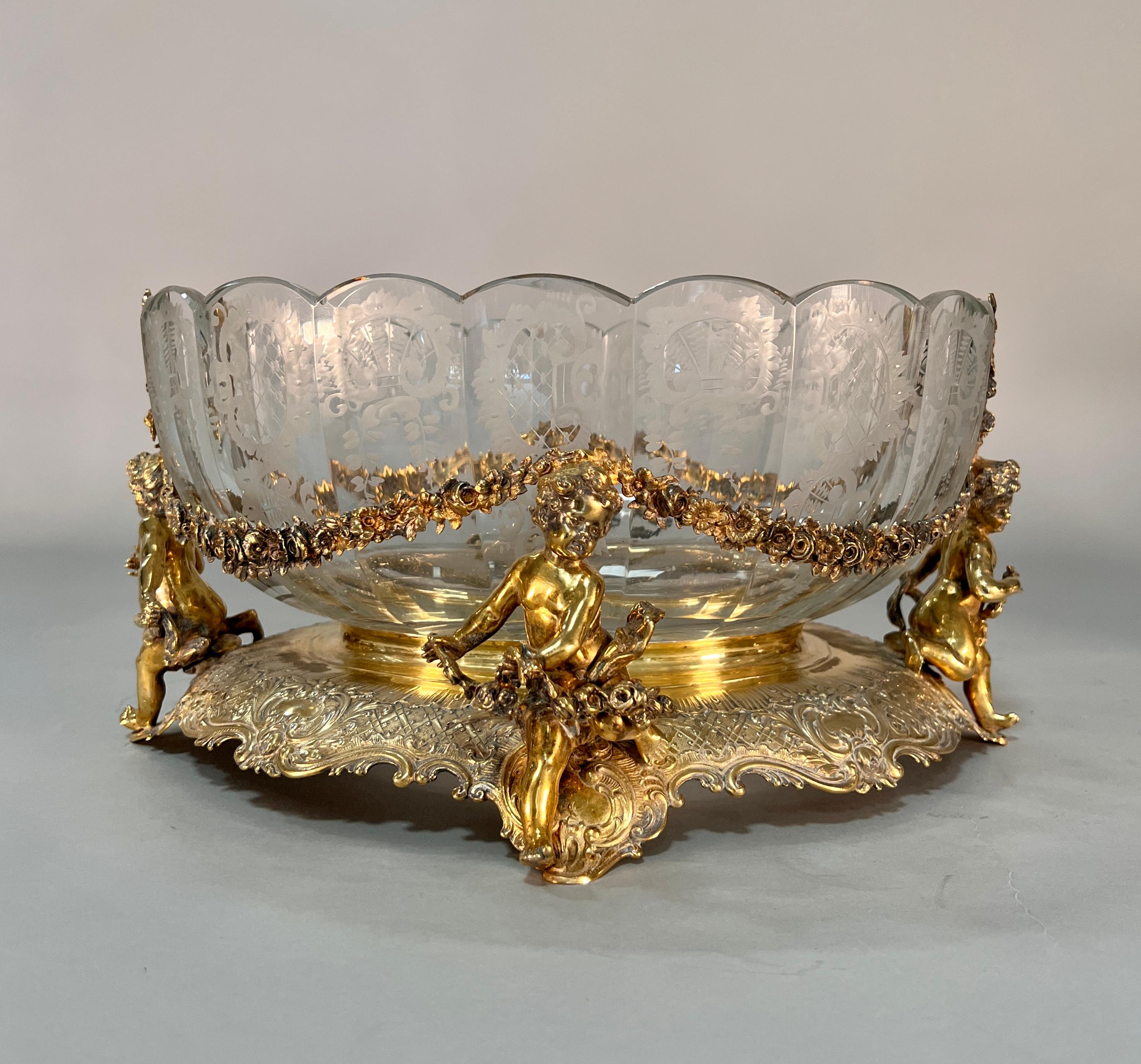 Cut Glass Three-Piece German  Silver &  etched crystal garniture For Sale