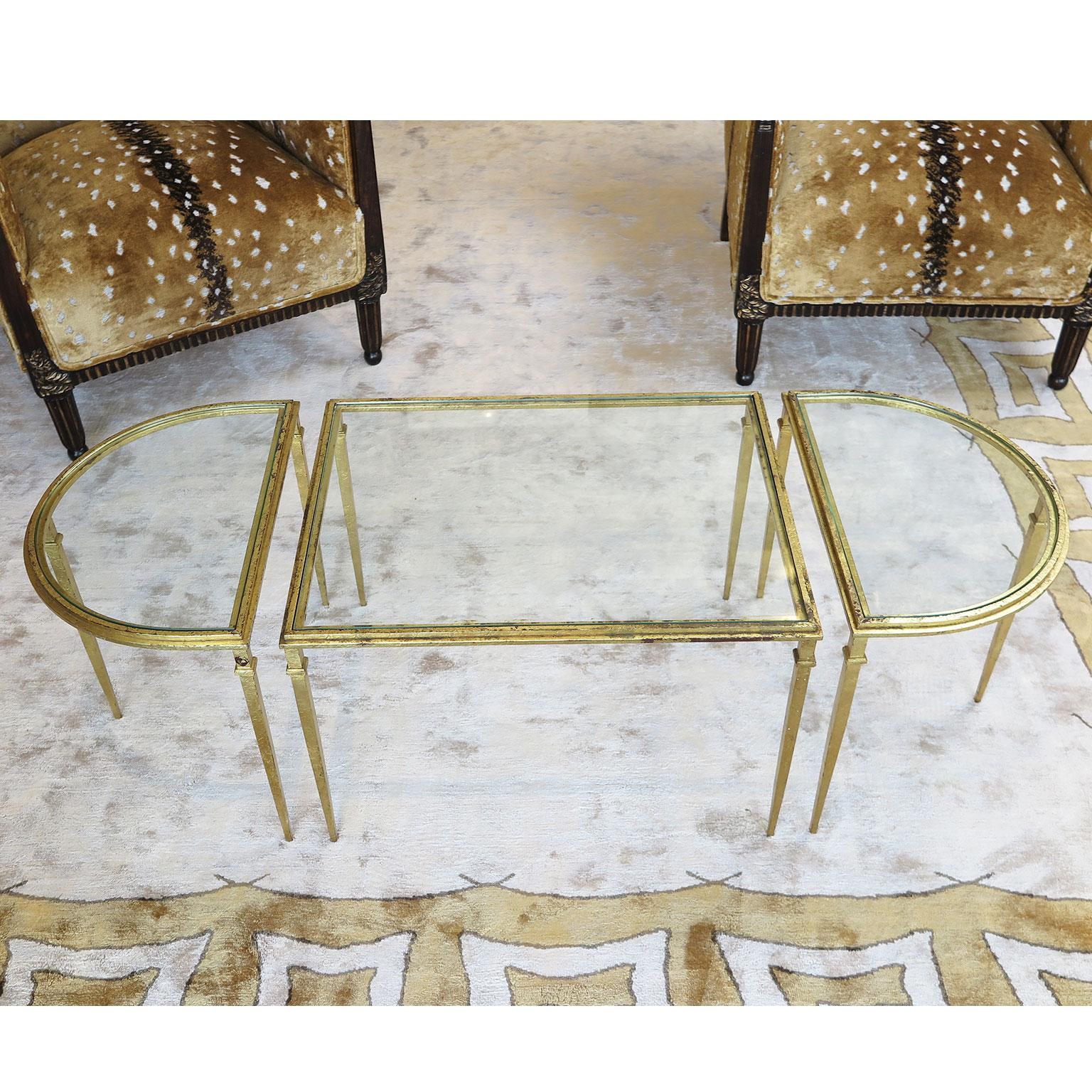 Art Deco Three-Piece Glass Coffee Table in Gold Leaf with Demilune Sides