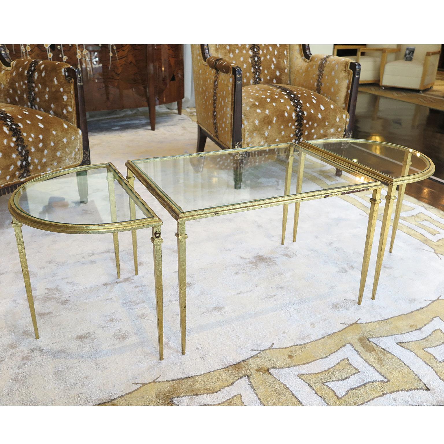 French Three-Piece Glass Coffee Table in Gold Leaf with Demilune Sides