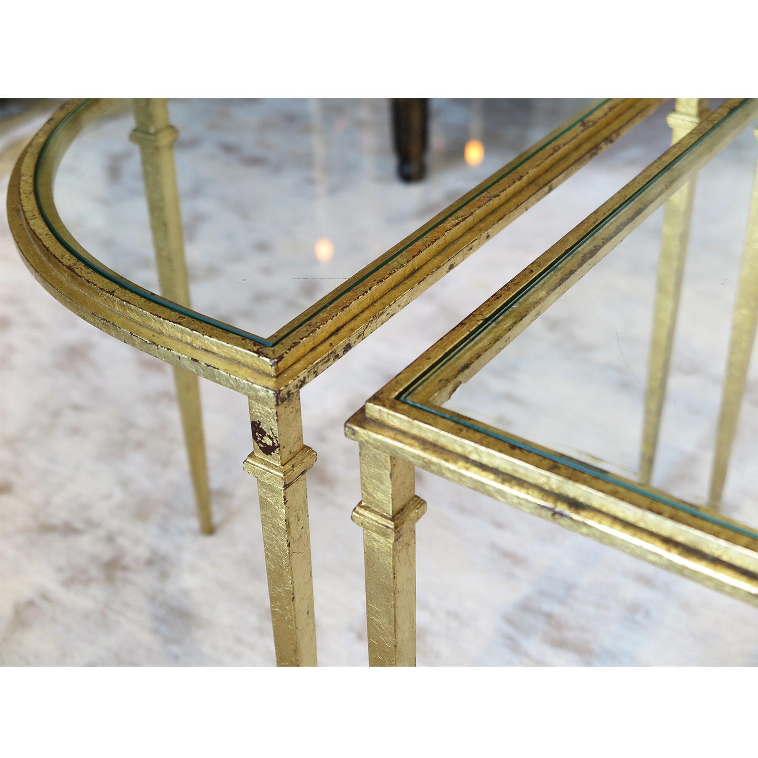 Three-Piece Glass Coffee Table in Gold Leaf with Demilune Sides In Good Condition In Los Angeles, CA