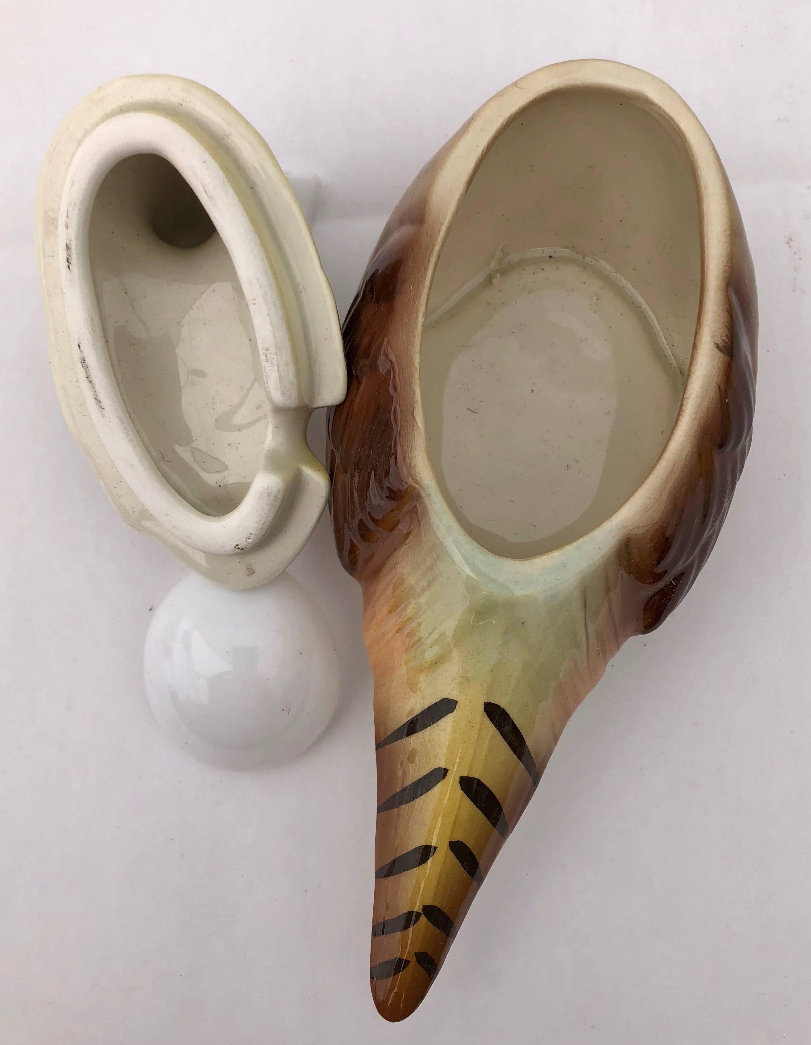 Hand-Crafted Three-Piece Handcrafted Ceramic Pheasant Condiment Bowl with Spoon by Otagiri For Sale