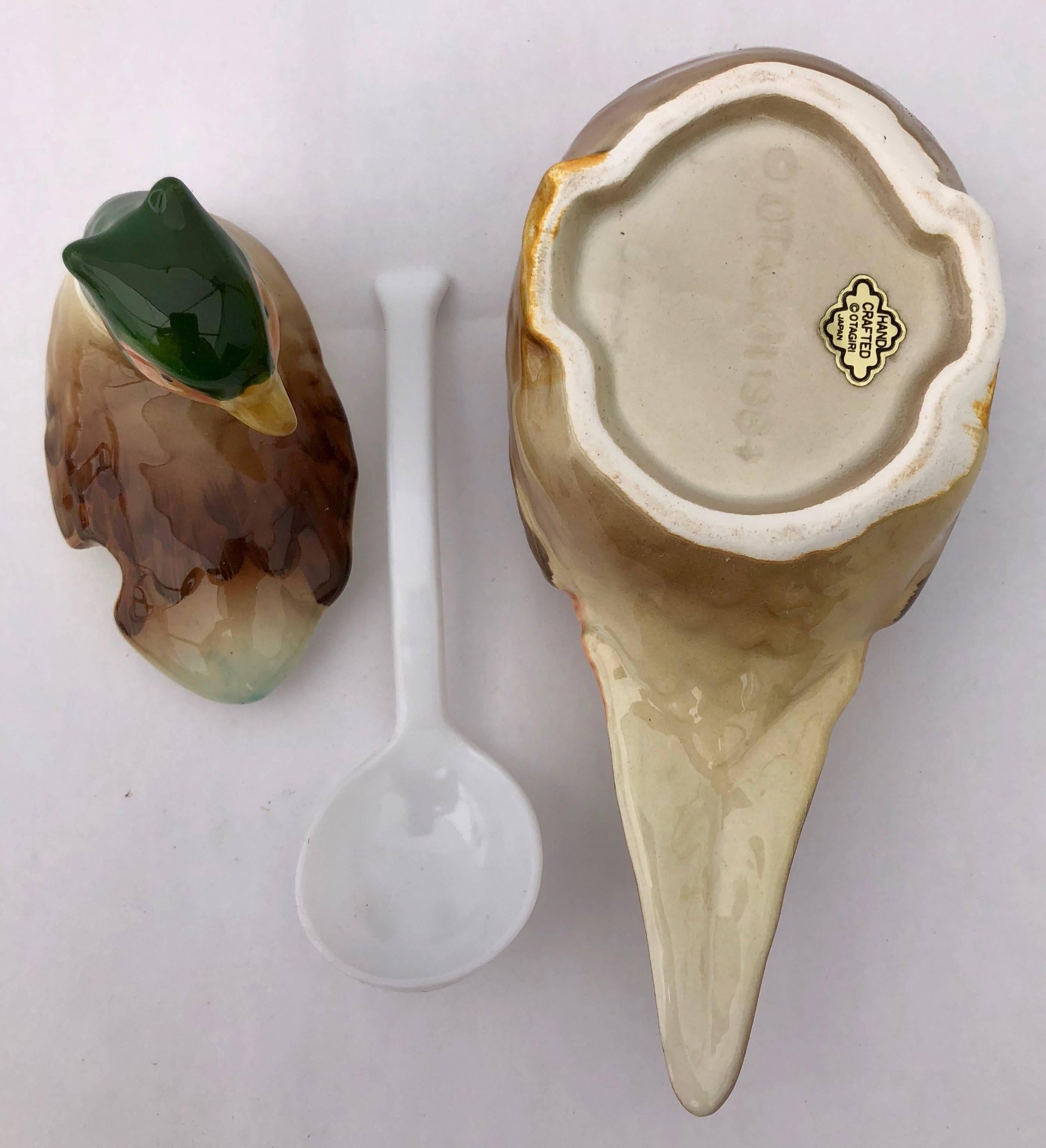 Three-Piece Handcrafted Ceramic Pheasant Condiment Bowl with Spoon by Otagiri In Excellent Condition For Sale In Petaluma, CA