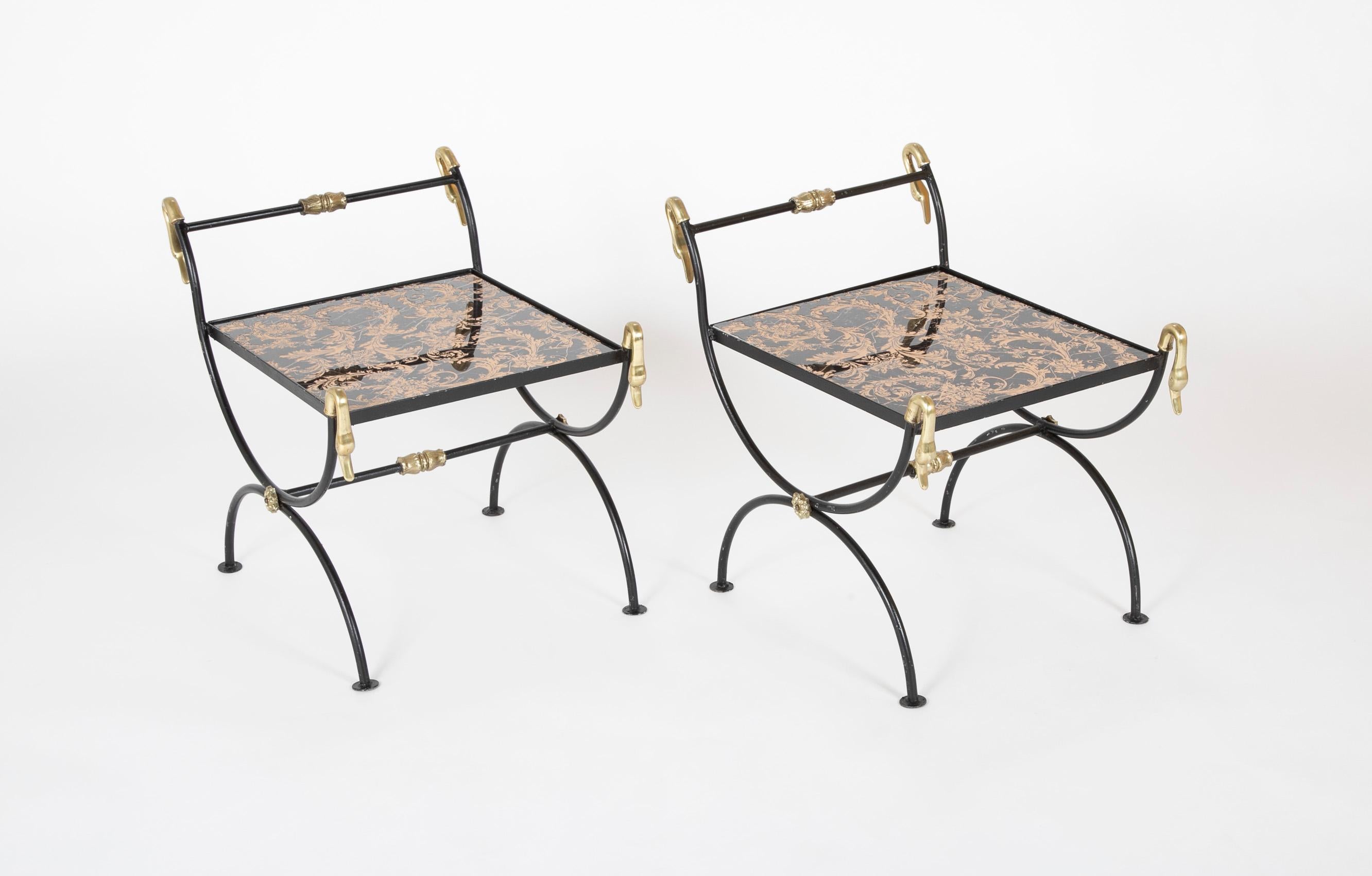 Neoclassical Three Piece Iron and Brass Coffee Table with Versace Insets